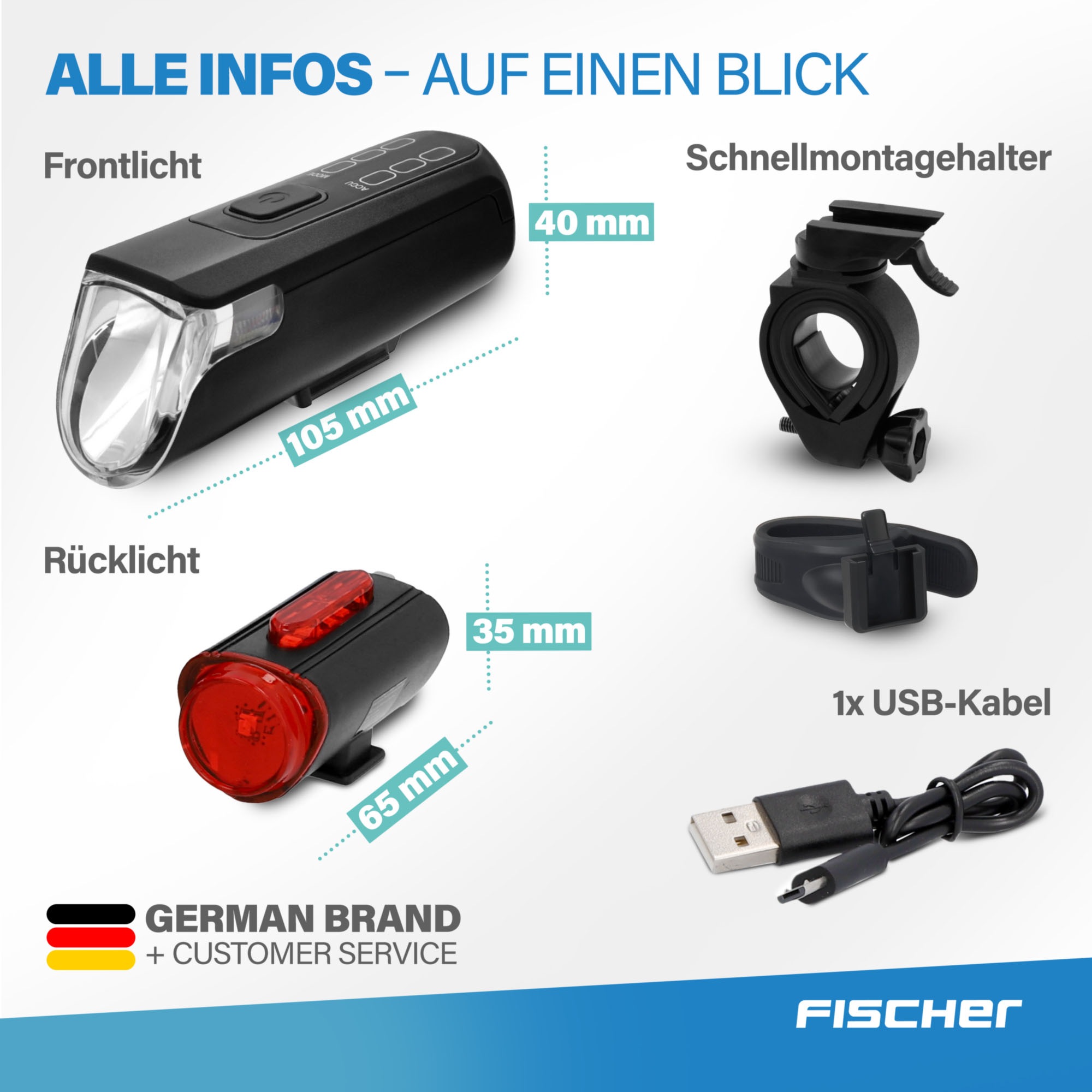 FISCHER Fahrrad Fahrradbeleuchtung »Akku-USB-LED Bel.-Set Bodenbel. 60 Lux«