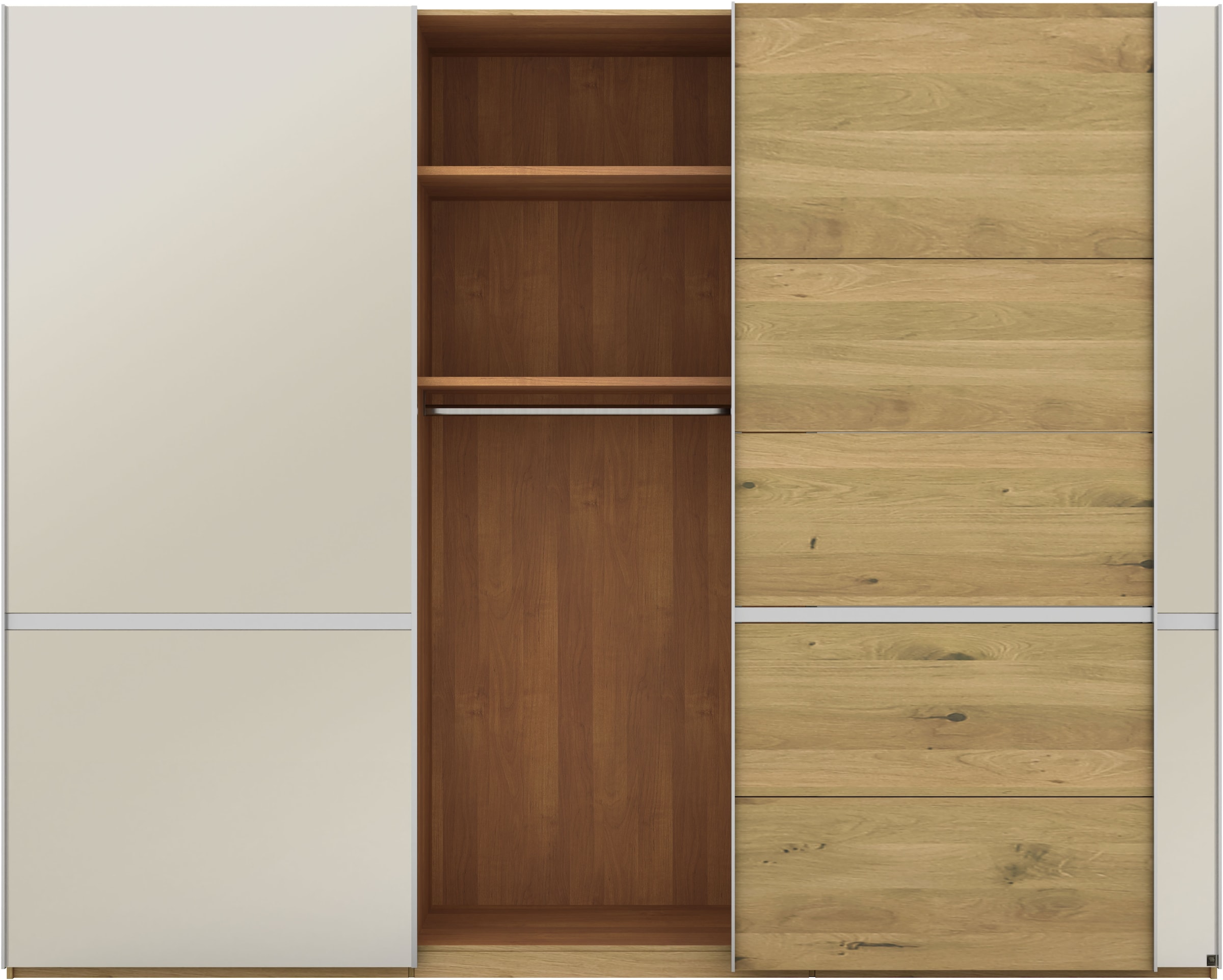 Musterring Schwebetürenschrank »Savona, Kleiderschrank, Schrank, Garderobe, mit Schiebetüren«, (Teilmassiv Bianco-Eiche, mit Spiegel oder Glas, MADE IN GERMANY), Türen Bianco-Eiche massiv, Spiegel-/Glastüren, eingelegte Chromleiste