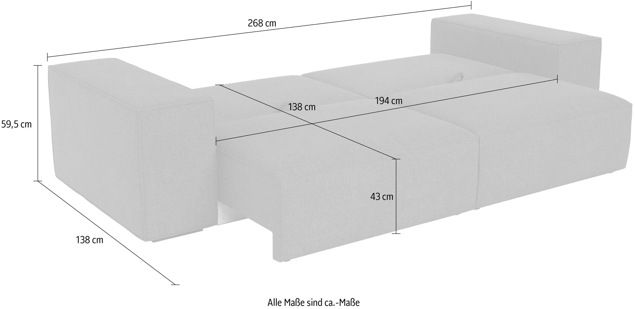Trends by HG Big-Sofa »Conor XL, B: 268cm, Liegefläche: 138 x 194 cm, in Cord und Velours« mit Schlaffunktion und Bettkasten