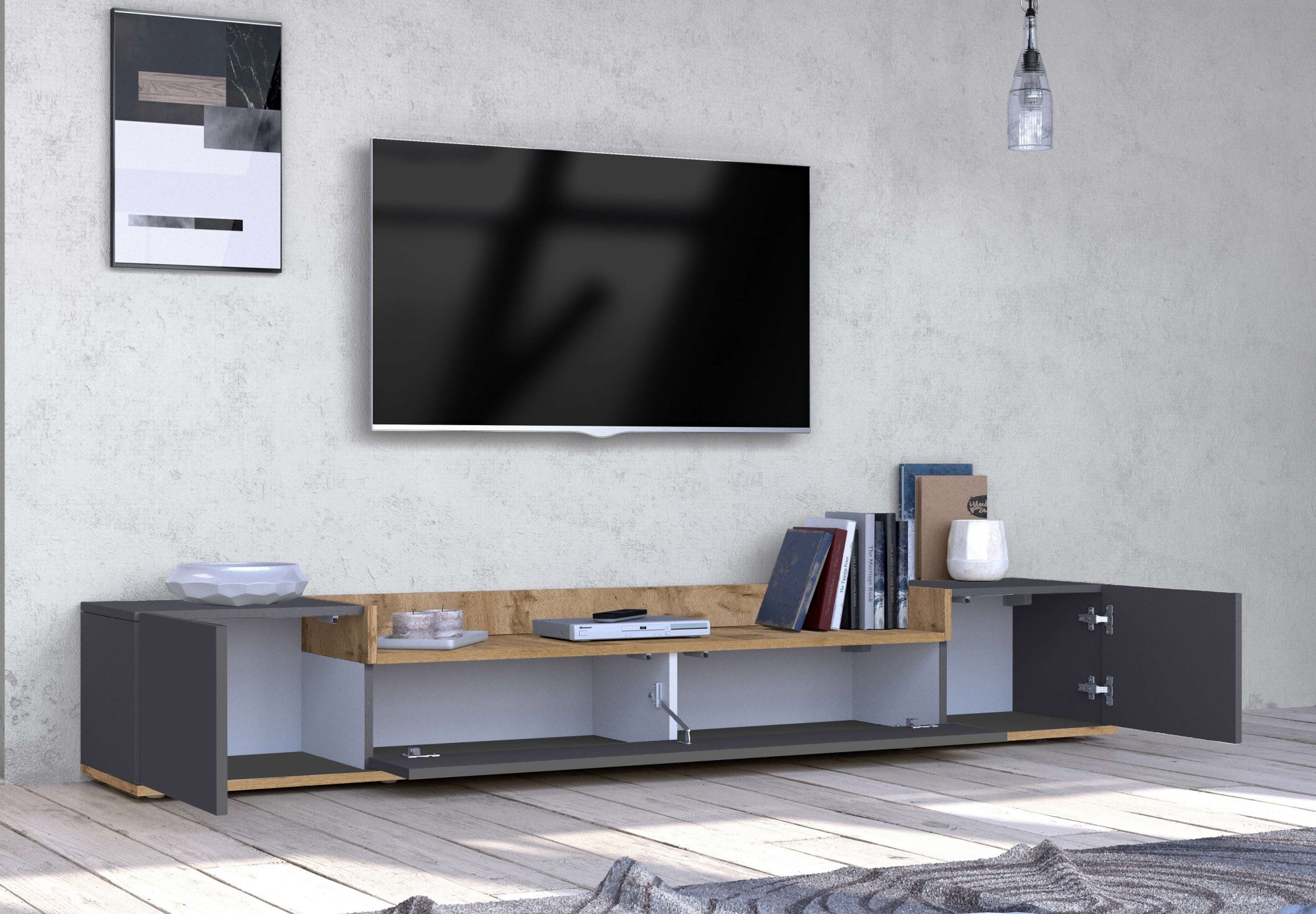 OTTO home Lowboard »BOLSENA,TV-Kommode, TV-Möbel,TV-Bank, 4 Fächer und offenes Ablagefach« 1 Stk. tlg. stehend/hängend montierbar, Made in Italy, B/T/H: 200 × 35 × 31,2 cm