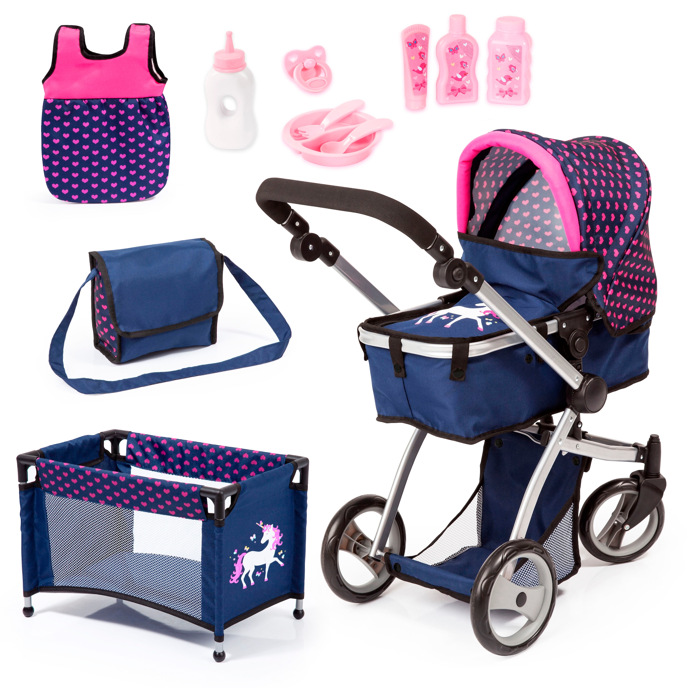 Puppenwagen »Mega, blau«, (Set), mit Reisebett, Schlafsack, Puppentrage, Wickeltasche...