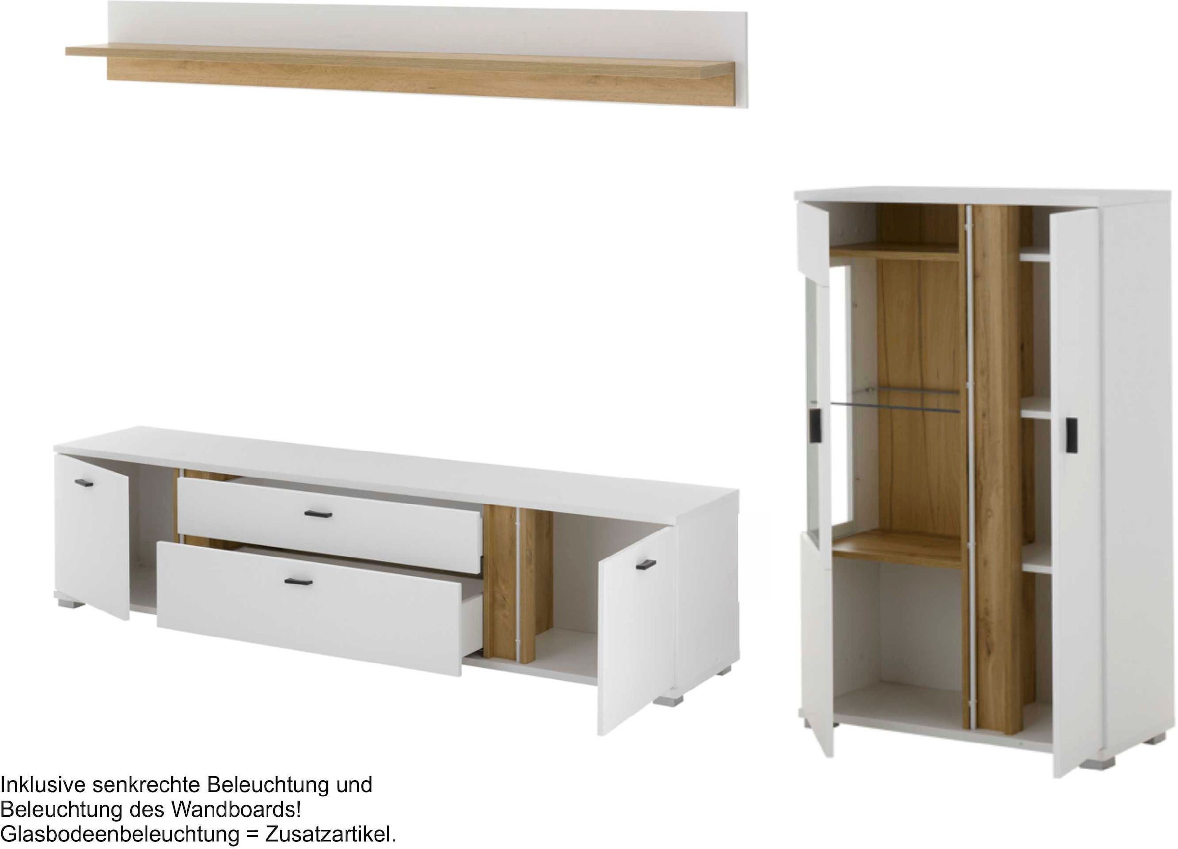 INOSIGN Wohnwand »LONG ISLAND«, (Set, 3 St.), in moderner Trendfarbe,inklusive senkrechter Beleuchtung,Breite 290 cm