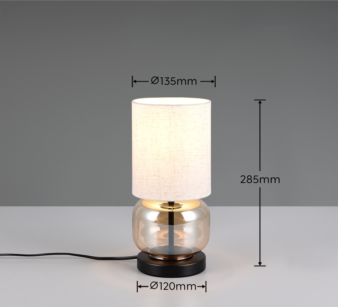 OTTO home Schreibtischlampe »Jorrin, Tischlampe mit Glas und Stoffschirm exkl 1x E27 max 40W« E27 1 Stk. warmweiß - kaltweiß Nachttischlampe Tischleuchte m. Schnurschalter Glas amber Schirm beige