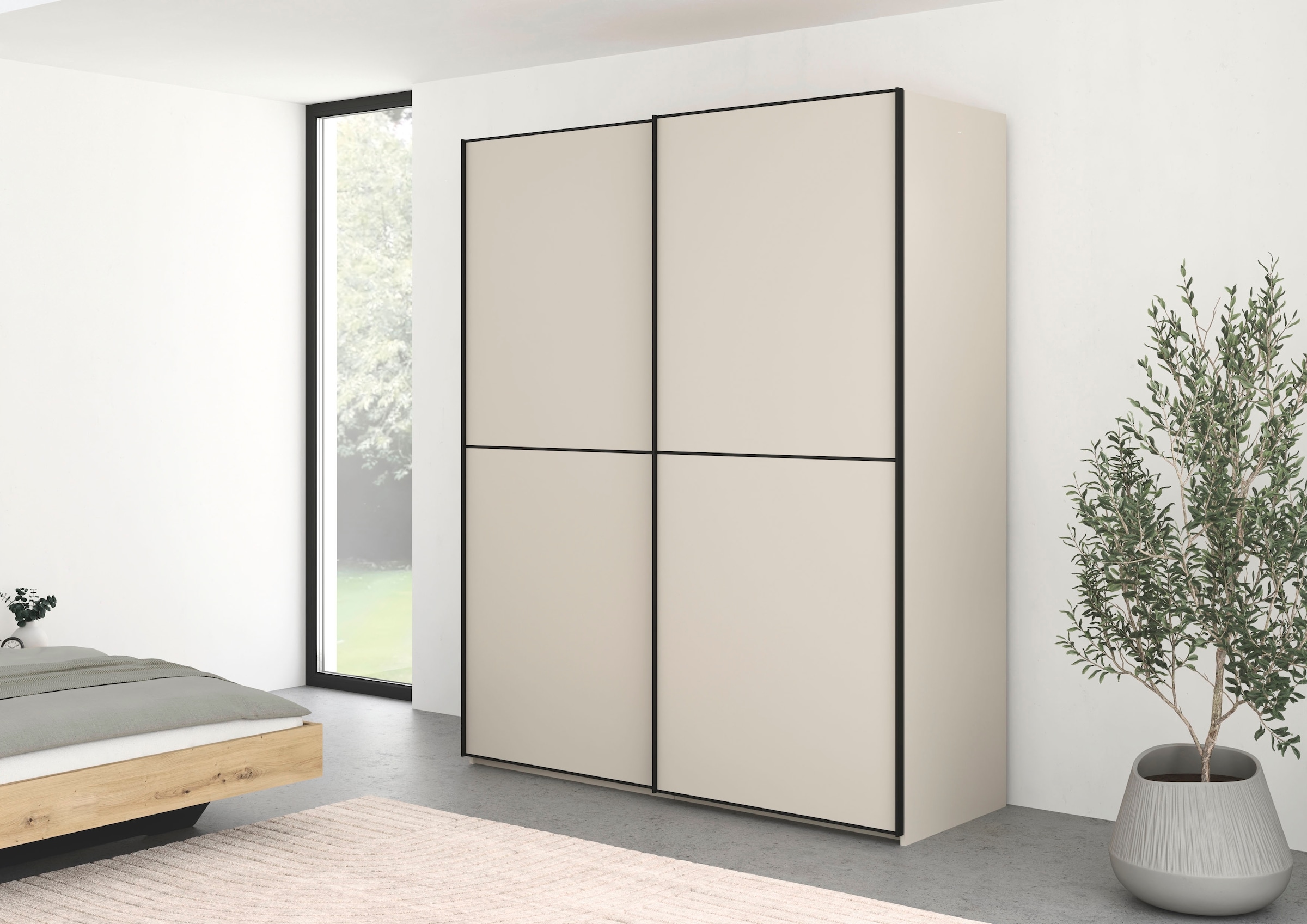 rauch Schwebetürenschrank »Kleiderschrank Schrank Garderobe Schlafzimmerschrank SCALE-DUO« edle zweigeteilte Türen und 3 Zierleisten MADE IN GERMANY