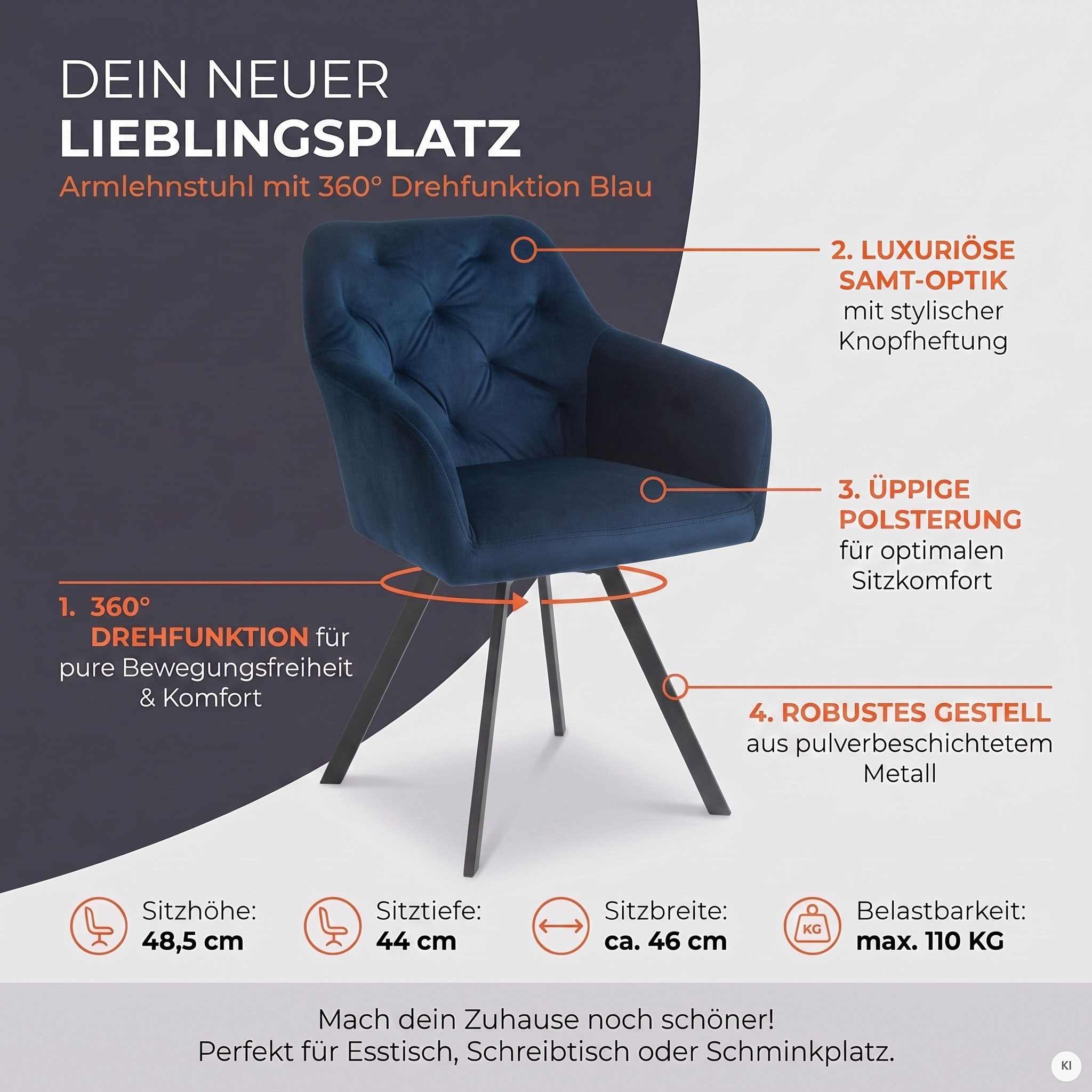 SalesFever Esszimmerstuhl »Toronto Stuhl - Stilvoller Armlehnstuhl mit Steppungen« () 1 Stk.Esszimmersessel, 360° Drehplatte unter der Sitzfläche