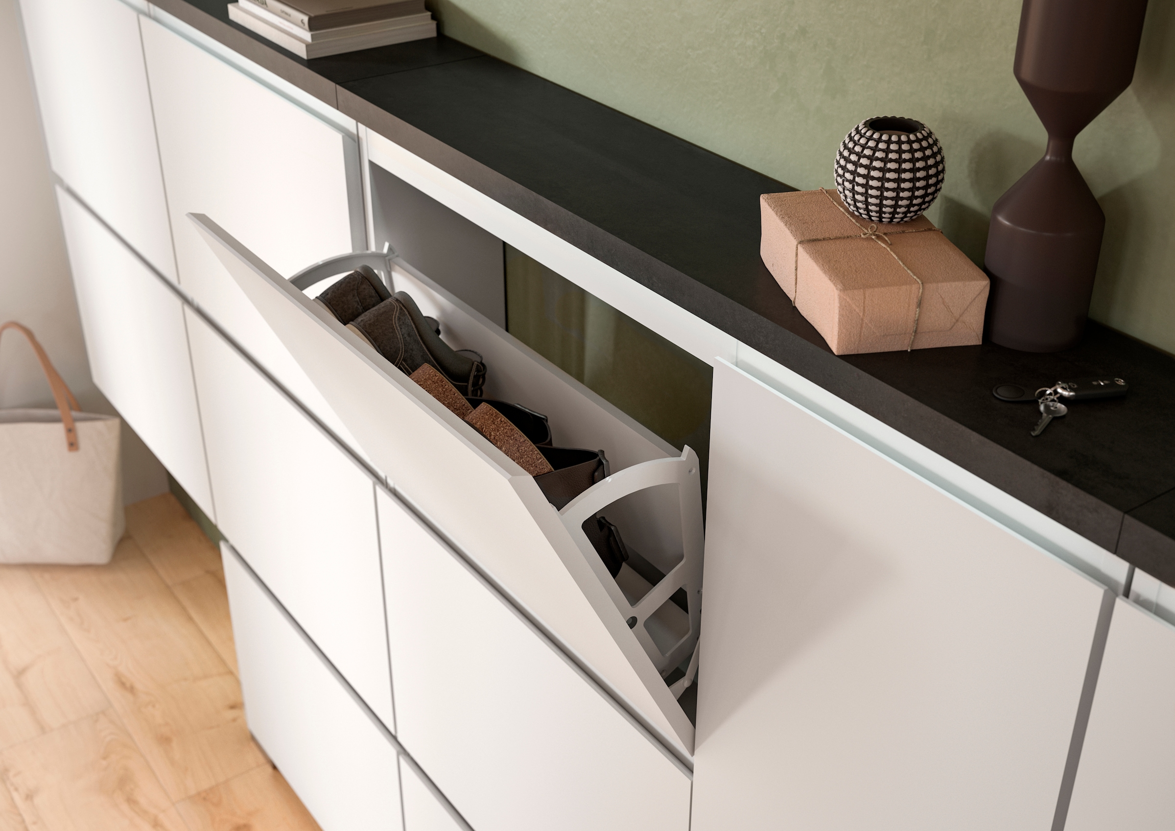 INOSIGN Schuhschrank »Skoskap, Tiefe 18cm, 2 Klappen mit Schuhwalze, Platz für 8 Schuhpaare«, hängend und stehend montierbar, Schuhkipper, Schuhkommode, Schuhregal