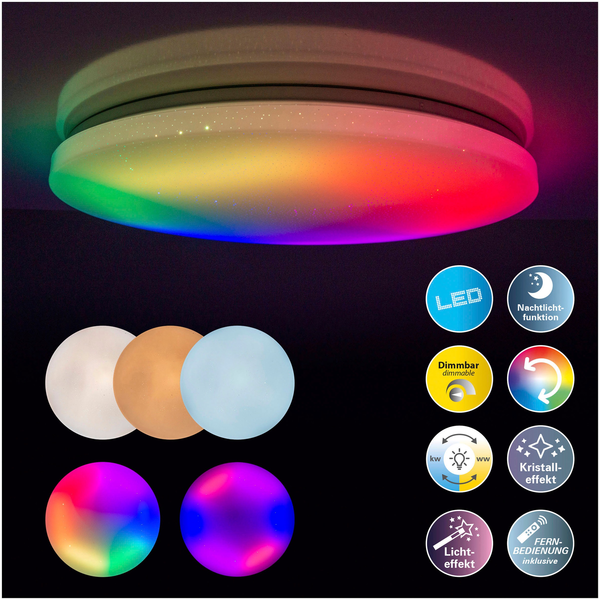 LED Deckenleuchte »Rainbow«, 1 flammig, Kristalleffekt, dimmbar, Nachtlicht, CCT,...