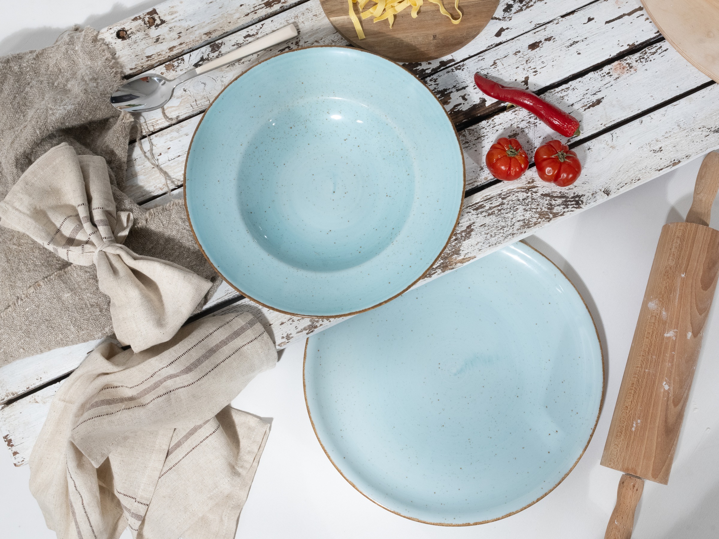 CreaTable Pizzateller »Vintage Nature, Pizzateller 33 cm 4-tlg« Teller Set, Handgemalt, Gesprenkelt, Rustikales Außenband