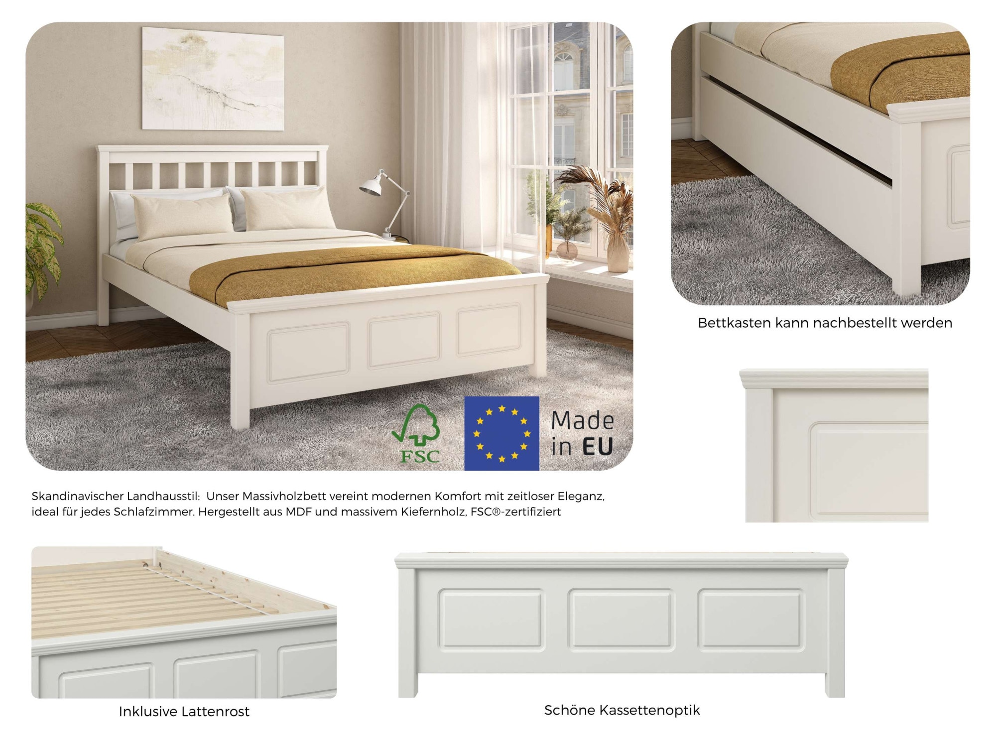 OTTO home Bett »Tillian, Bettgestell, Doppelbett, Bettkasten optional, Made in EU« Liegefläche 140x200cm,  aus massiver Kiefer in Kombination mit MDF, FSC®, inklusive Lattnerost
