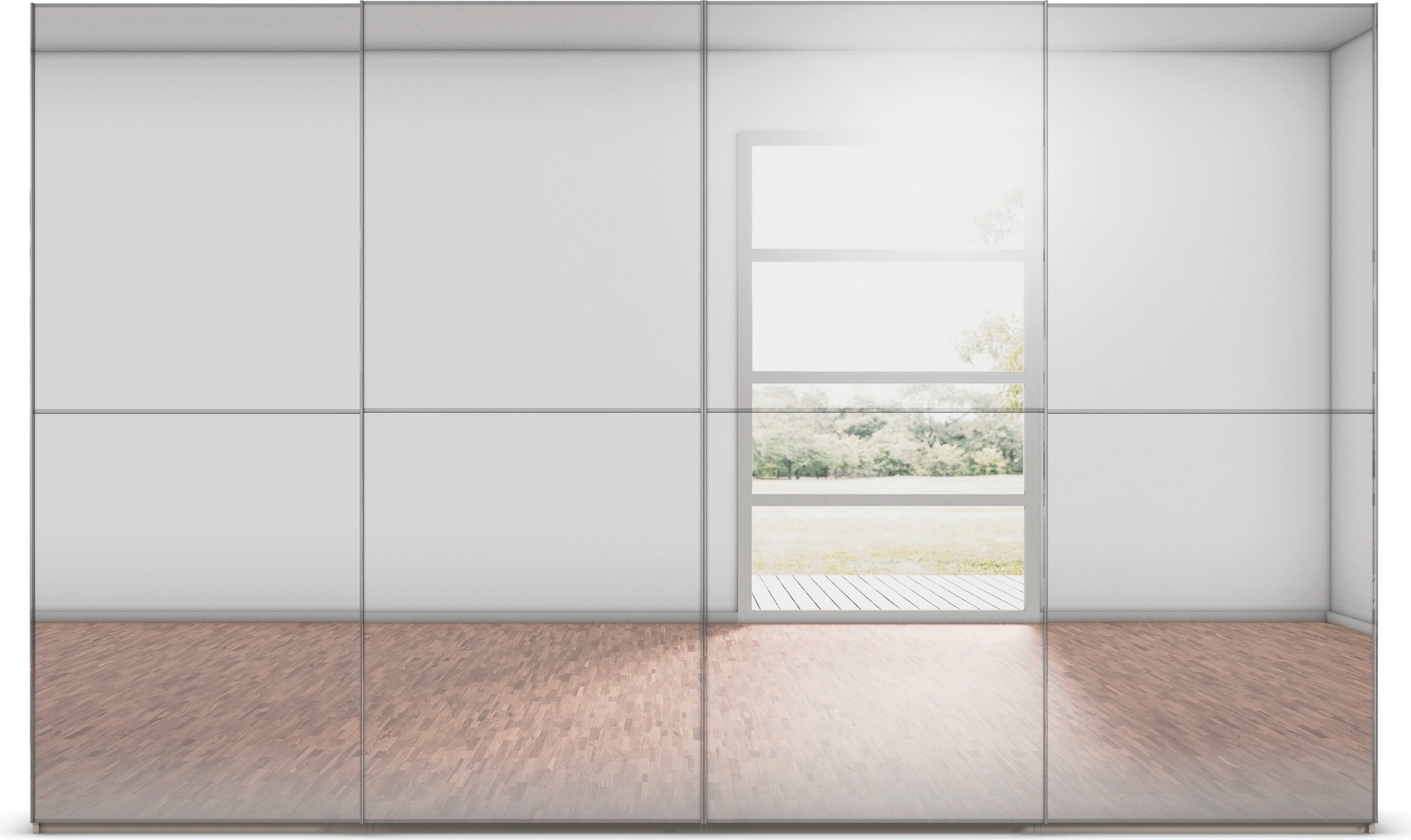 rauch Schwebetürenschrank »Kleiderschrank Schrank Garderobe Schlafzimmerschrank SCALE-DUO«, edle zweigeteilte Türen Spiegelfront und 3 Zierleisten MADE IN GERMANY
