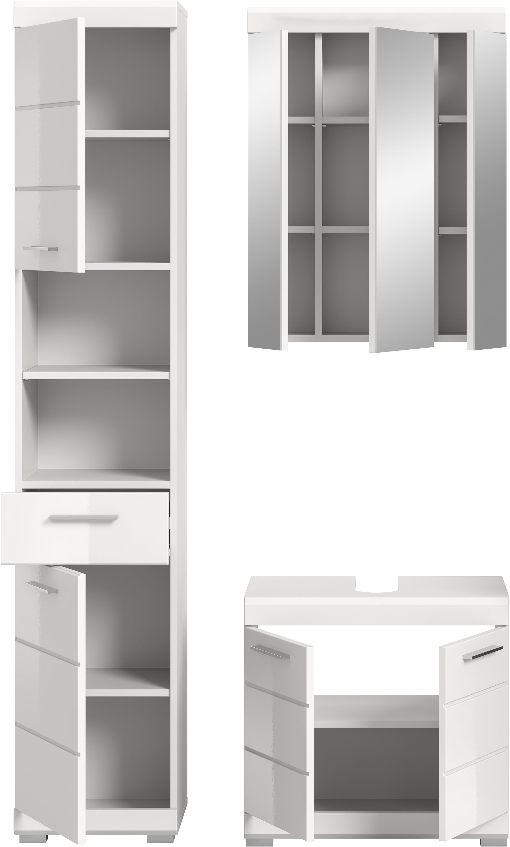 INOSIGN Badmöbel-Set »Siena, 3 teilig, bestehend aus:«, (Set, 3 St., TOPSELLER!), Hochschrank, Waschbeckenunterschrank, Spiegelschrank