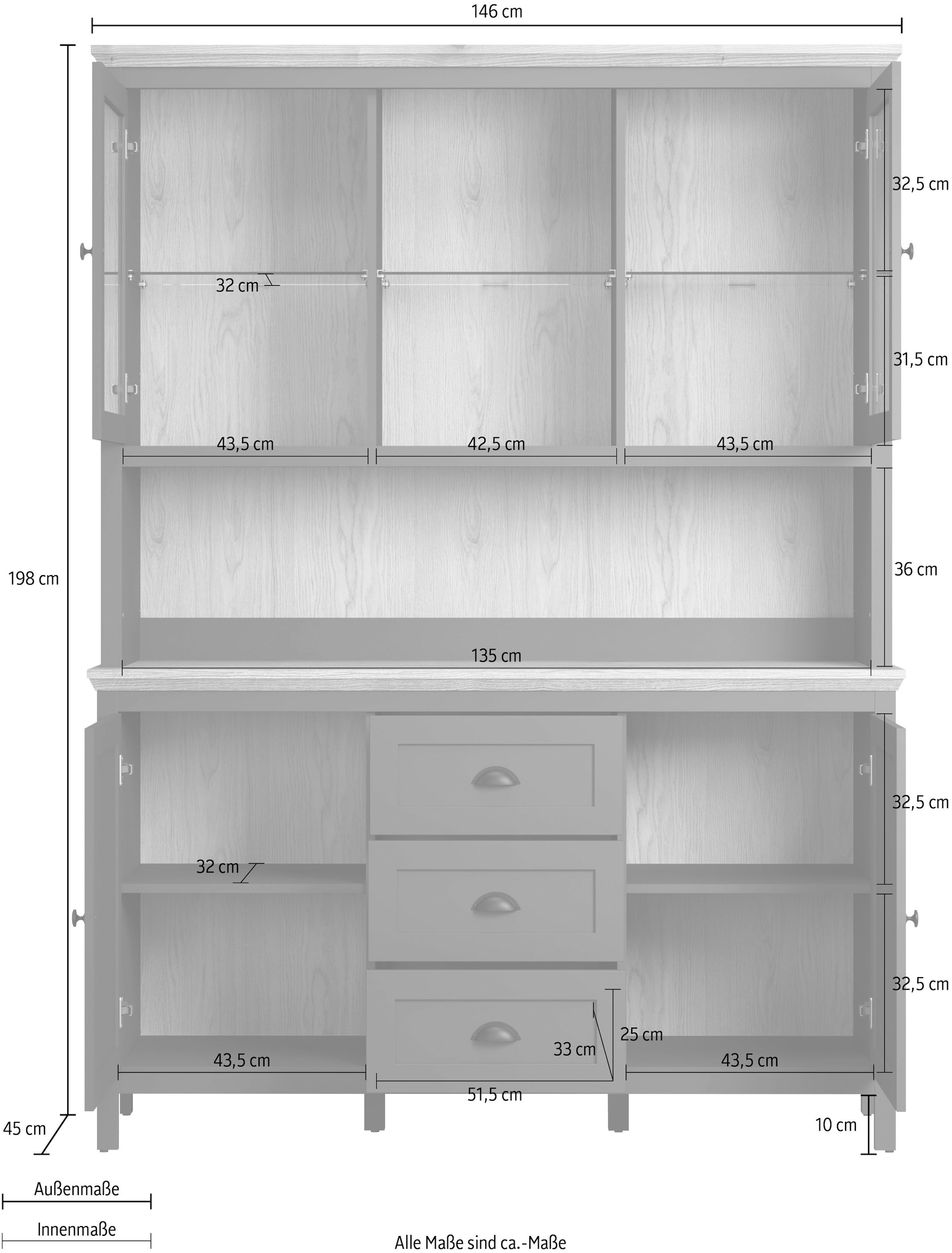 Home affaire Buffet »Vienna« Set, 2 Stk. tlg. Küchenbuffet im Landhausstil, inkl. Beleuchtung - (B/T/H) 146/39/112cm
