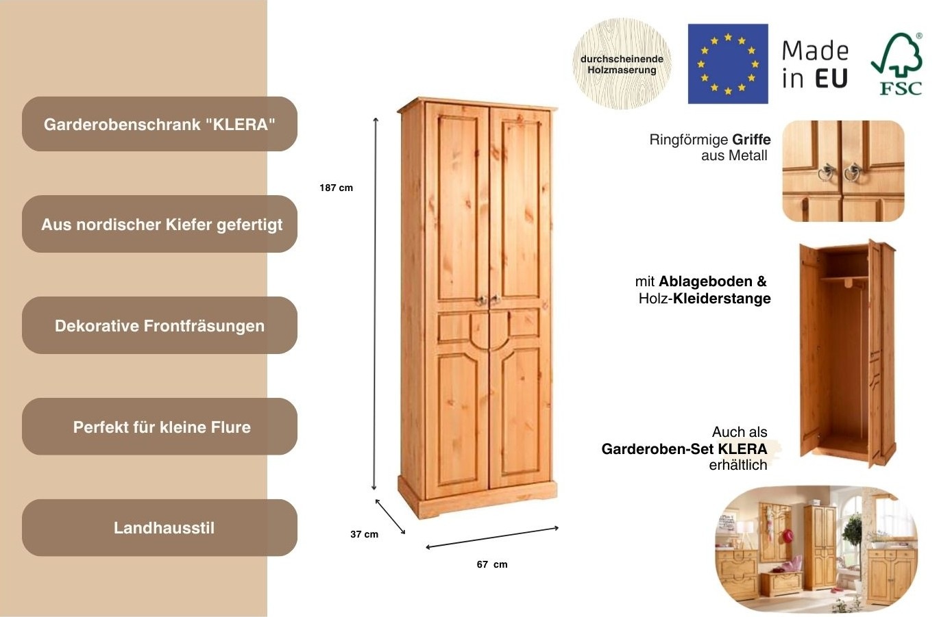 Home affaire Garderobenschrank »Klera« Breite 67 cm, aus massiver Kiefer, FSC®-zertifiziert