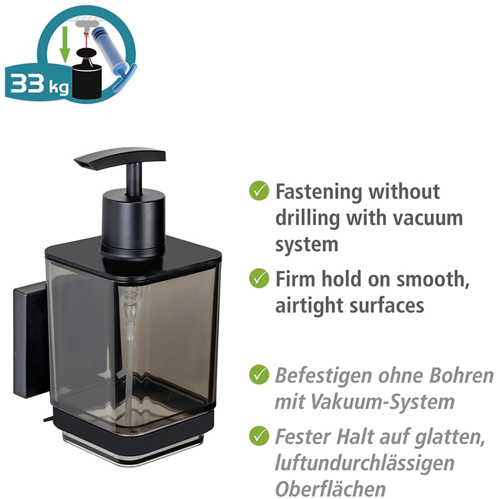 WENKO Seifenspender »Vacuum-Loc® Modell Quadro«, Befestigen ohne Bohren, Edelstahl-Halterung, 340 ml