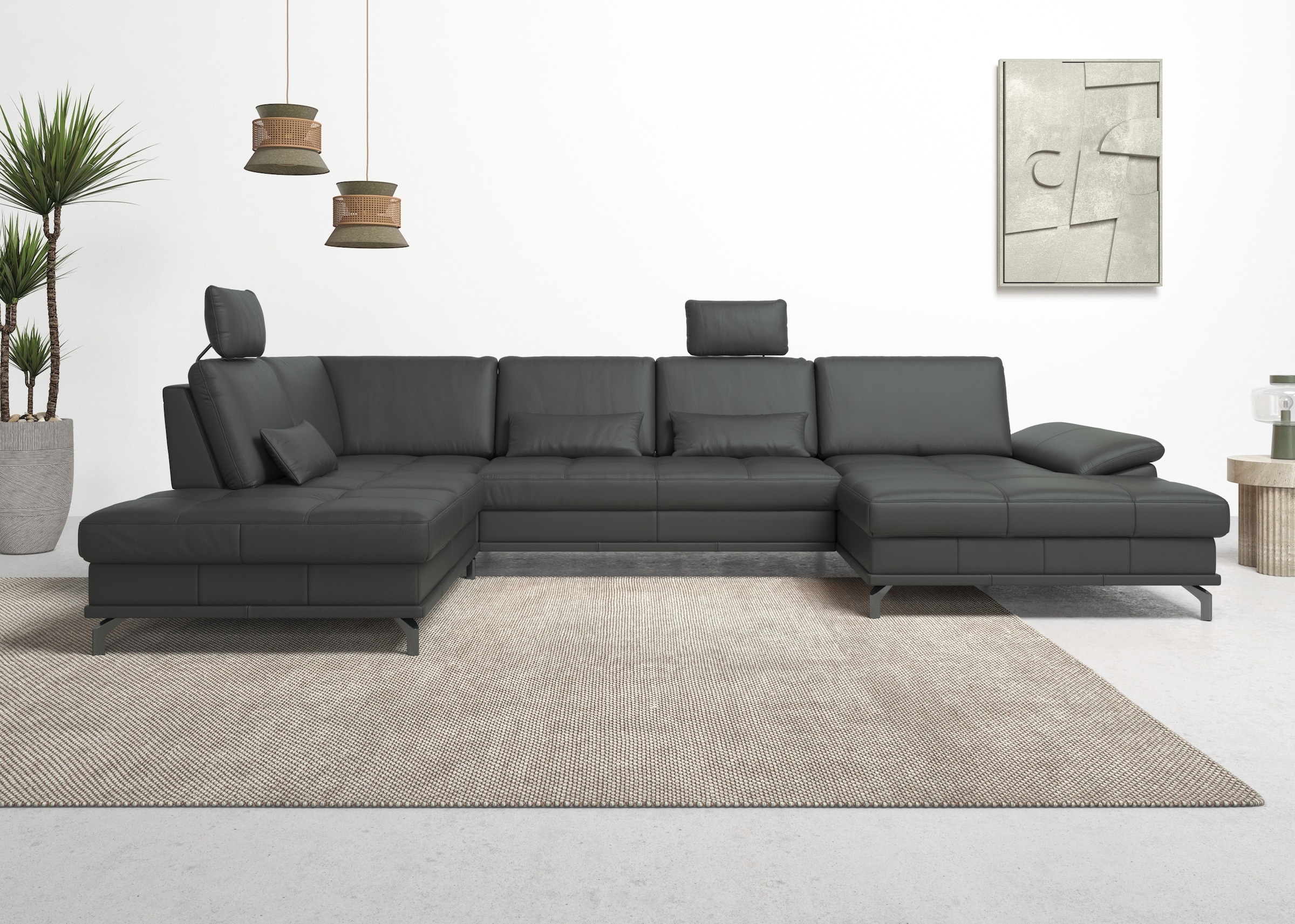 OTTO home Wohnlandschaft »Costello U-Form, Sitztiefen- & Armteilverstellung, 3 Nierenkissen« optional Schlaffunktion & Stauraum, Federkern, Leder