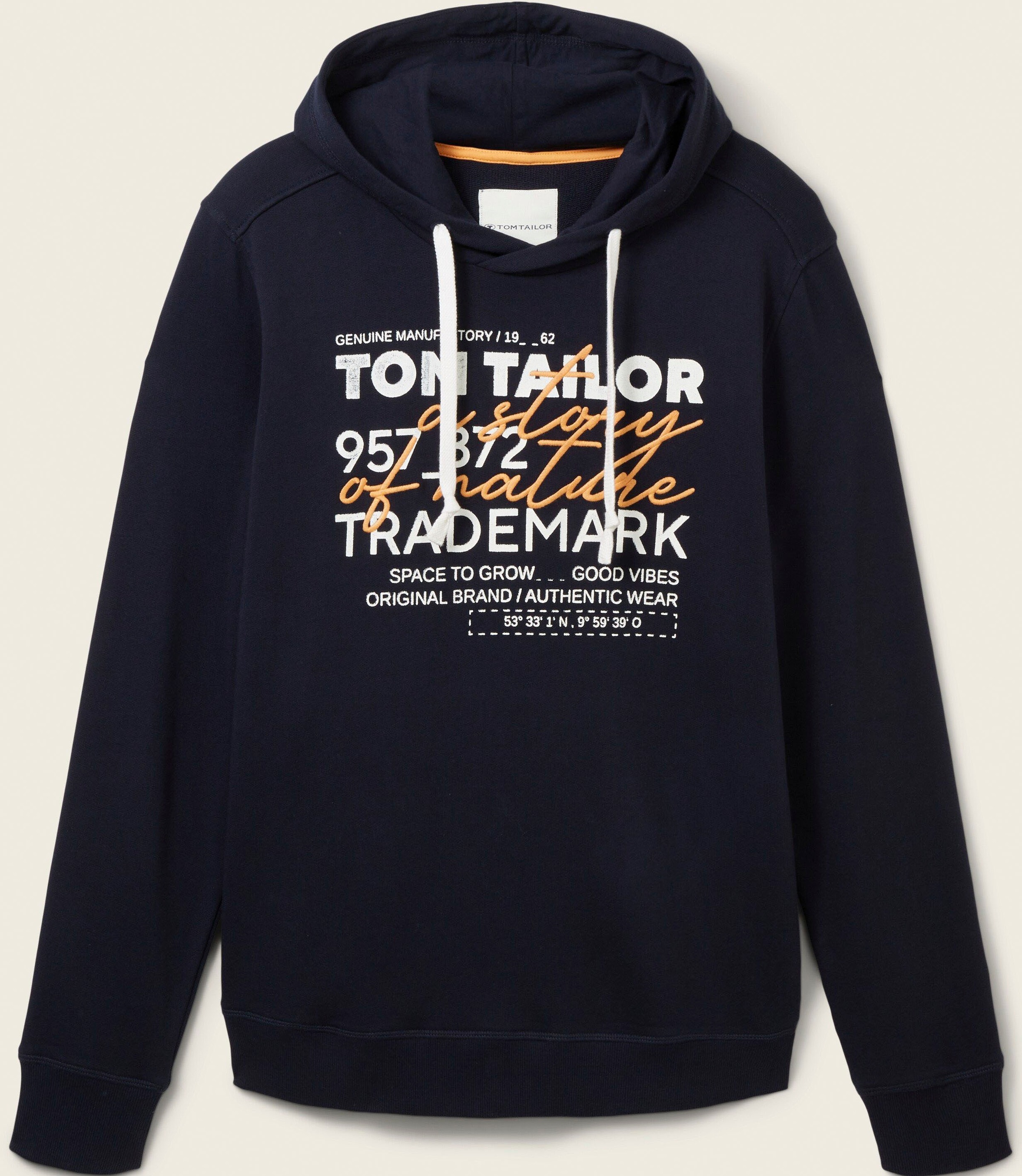 TOM TAILOR Kapuzensweatshirt, mit lässigem Frontprint + Stickerei