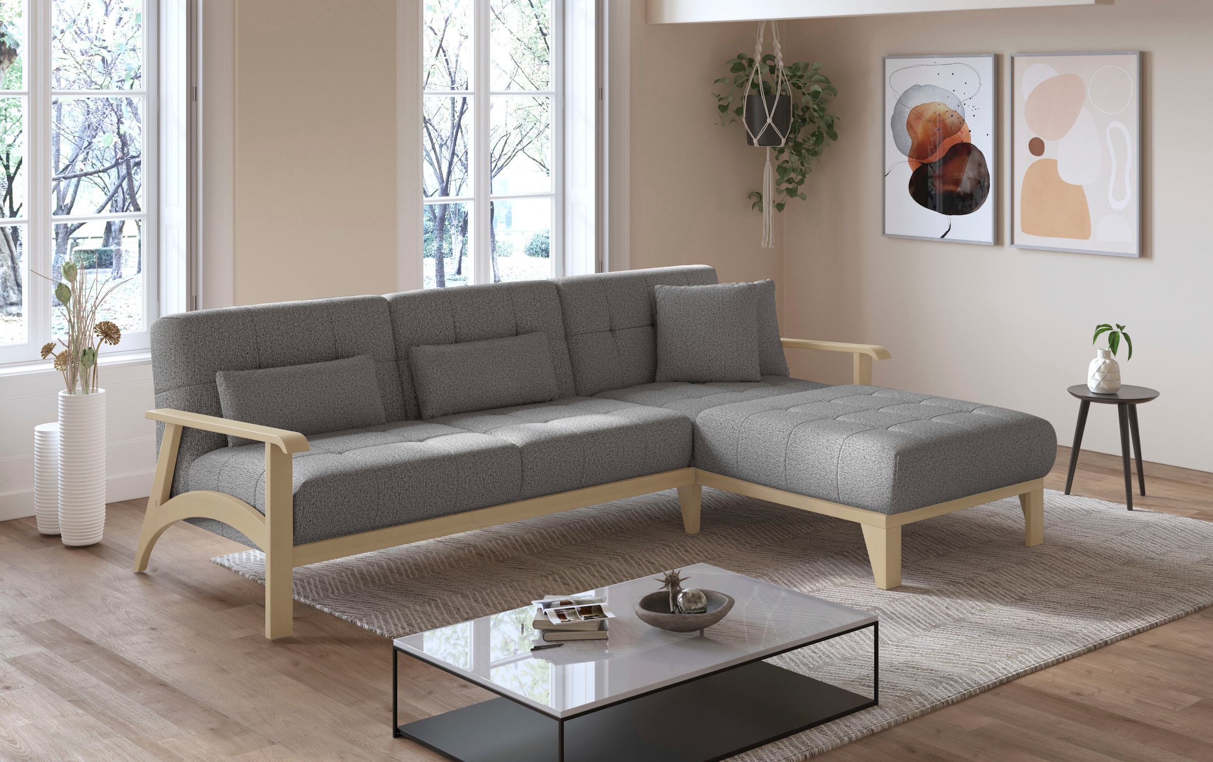 sit&more Ecksofa »Billund L-Form«, Armlehnen aus Buchenholz in natur, verschiedene Bezüge und Farben