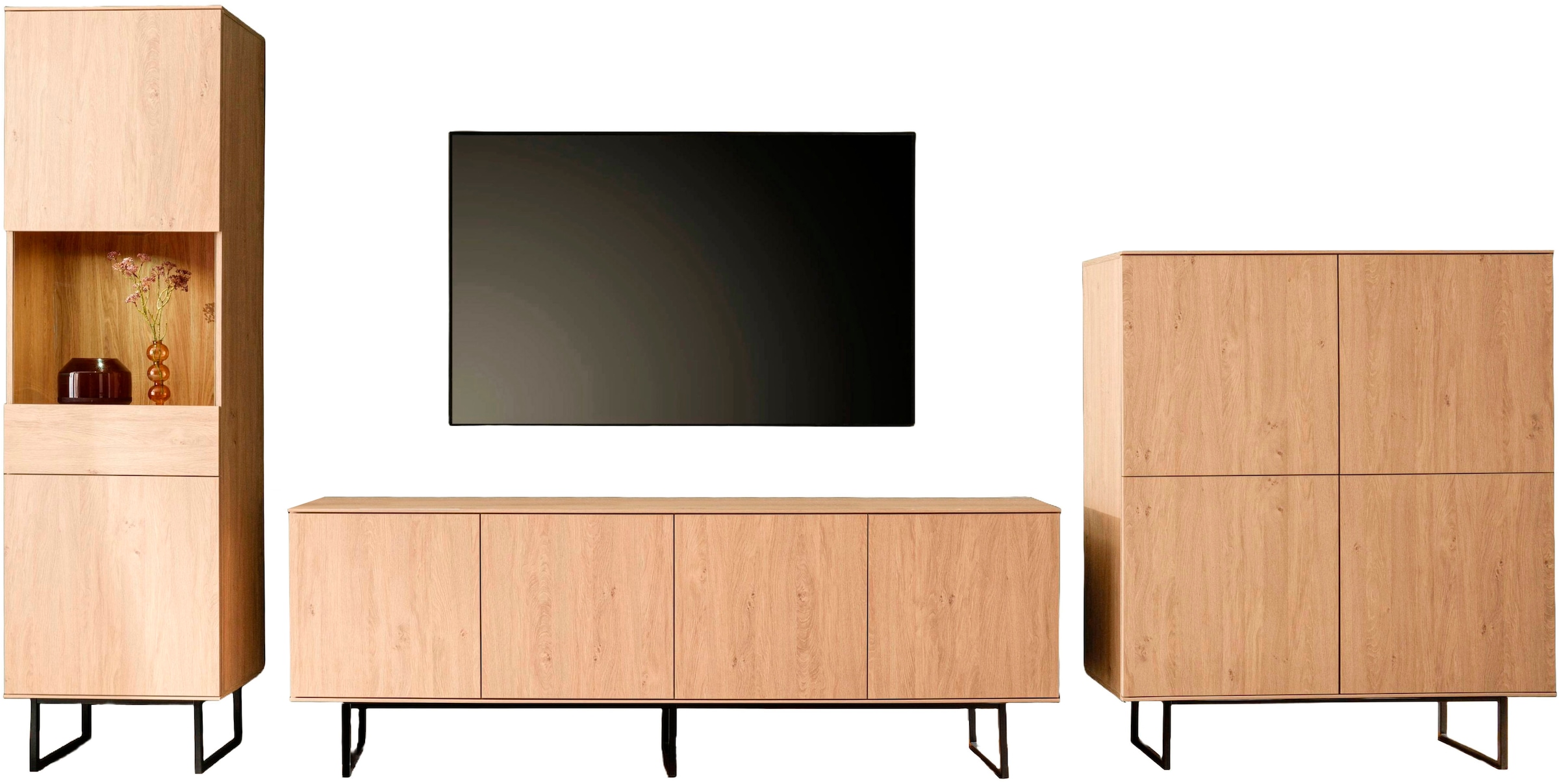 Home affaire Wohnwand »Lund, moderne Anbauwand, Wohnzimmer-Set in Stone Oak«, (3 St.), enthält Vitrine, Lowboard und Higboard