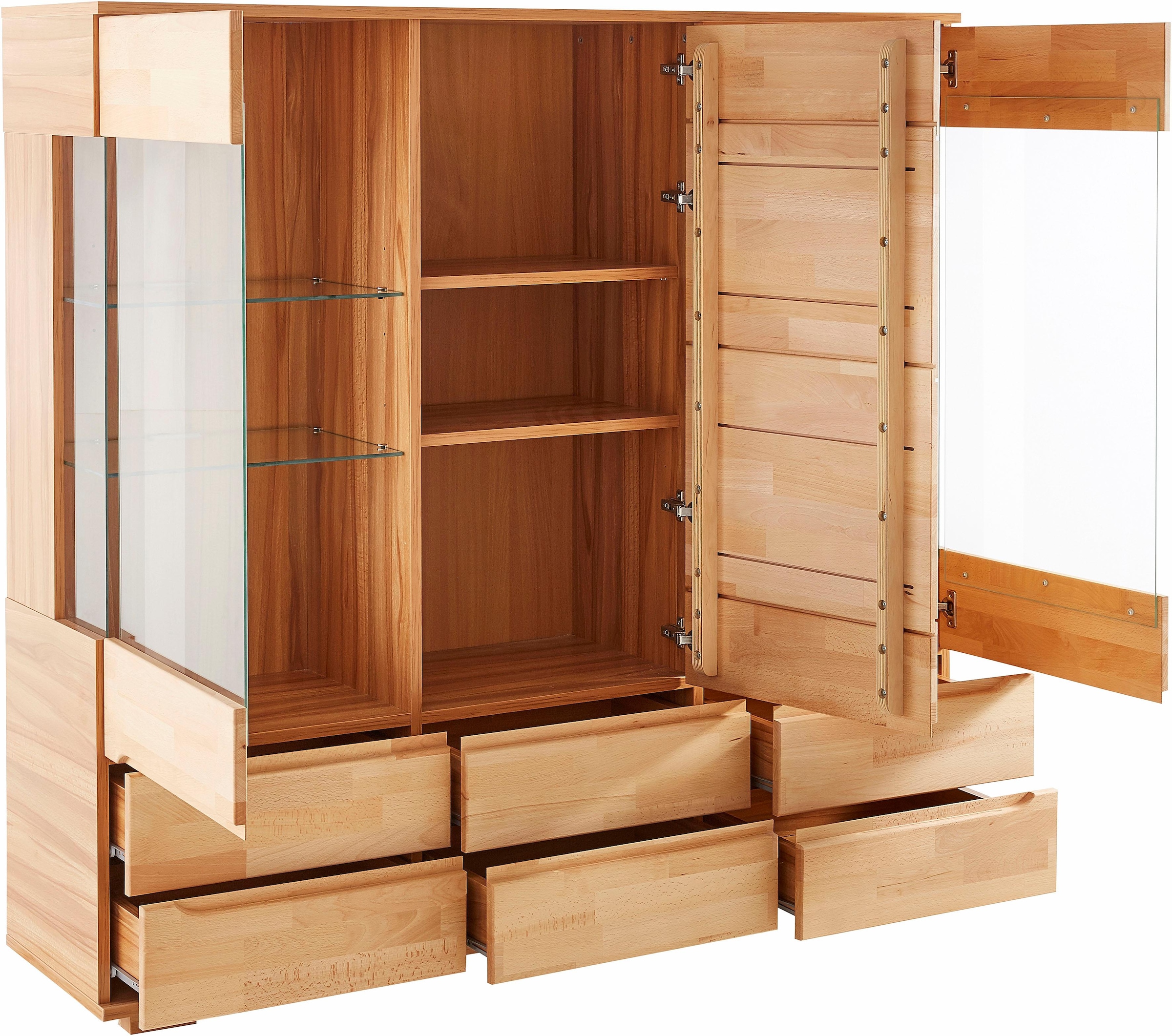 Home affaire Highboard »Ribe,150cm breit,40 cm tief,Fronten Massivholz,9 Fächer«, Kernbuche massiv, Holzwerkstoff, 3Türen,6 Schubladen, Griffmulden