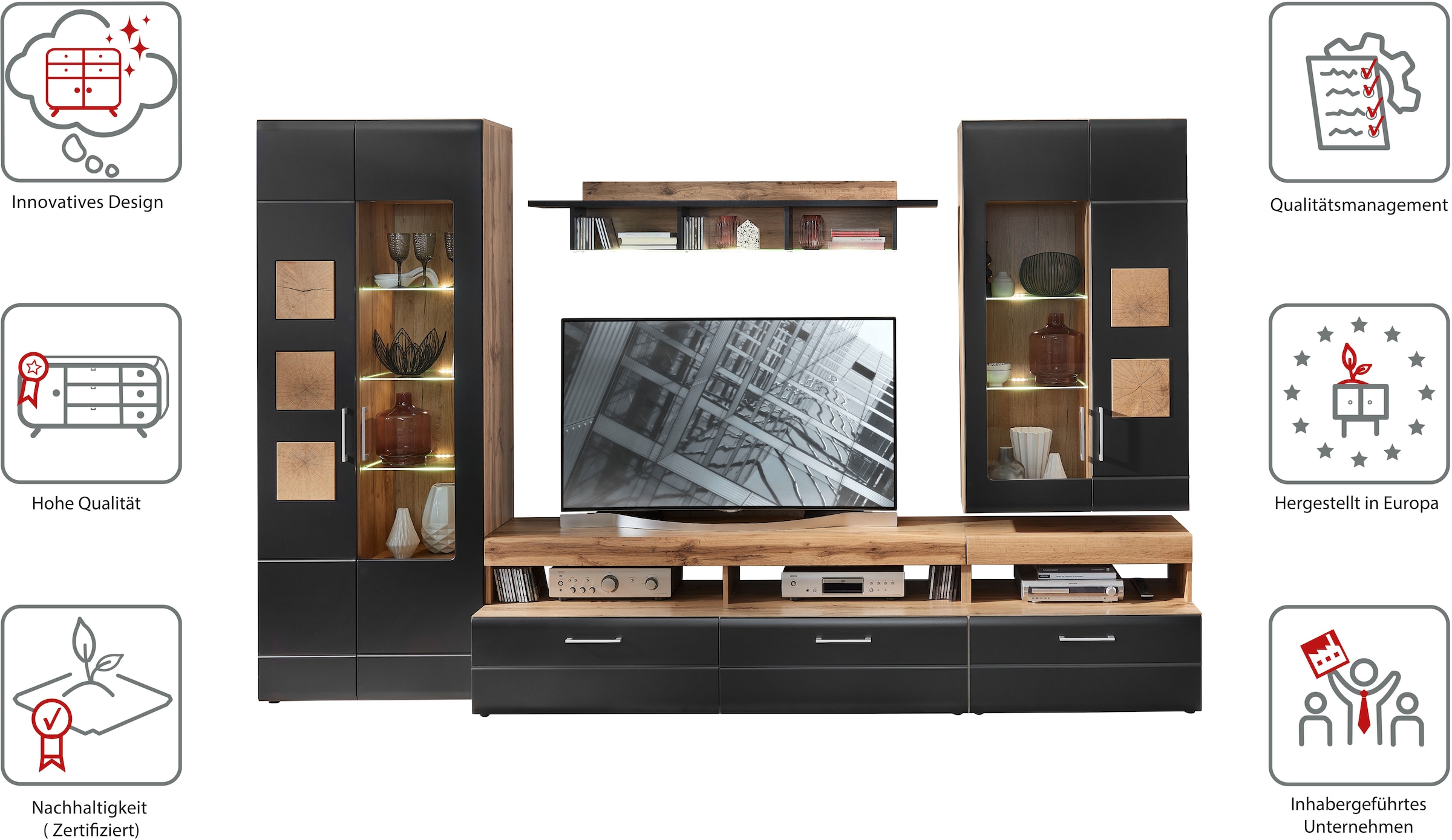 Innostyle Wohnwand »Sonate, TOPSELLER!«, (Komplett-Set, 5 St., Wohnwand), inkl. LED-Beleuchtung