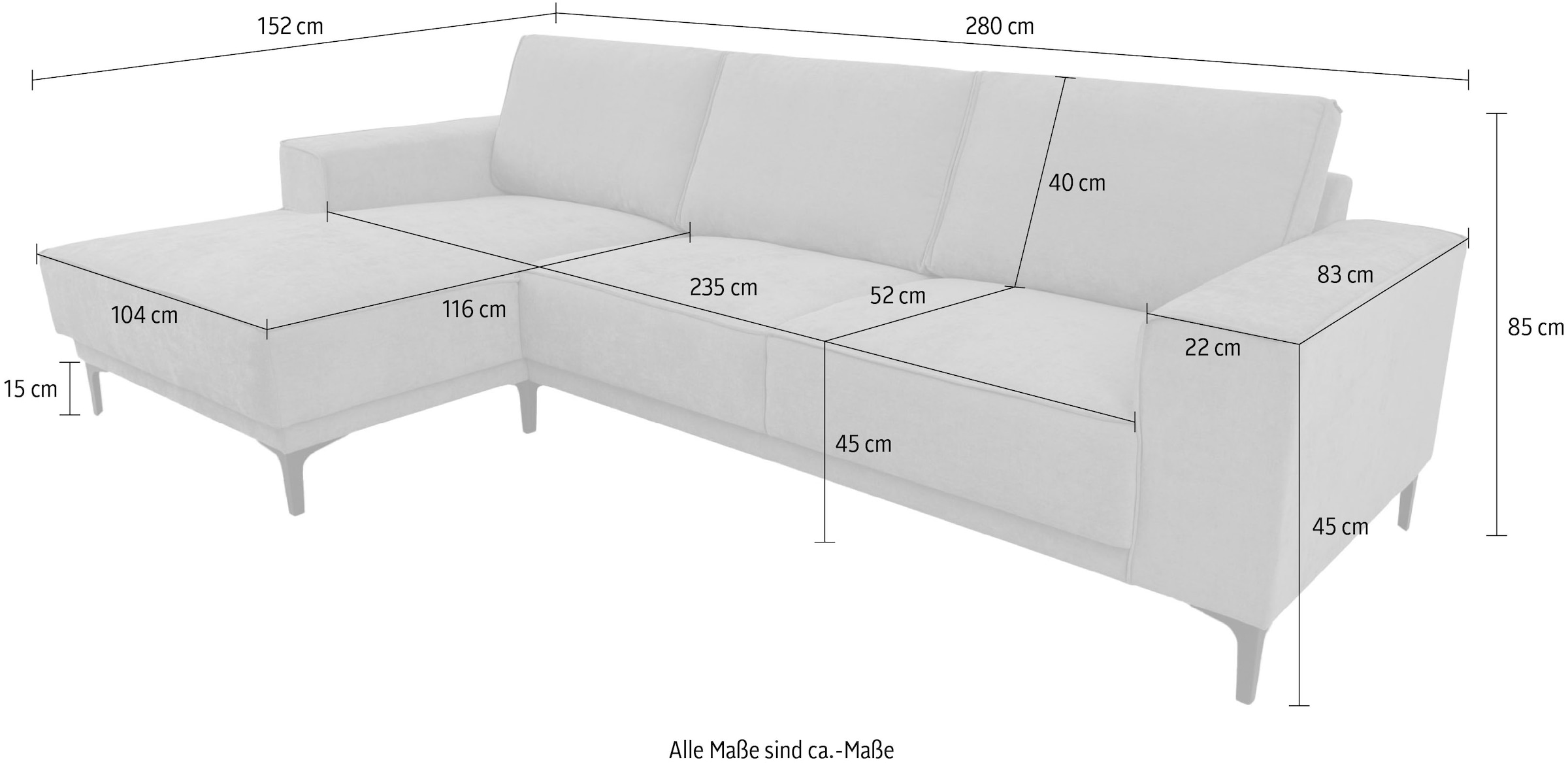 Places of Style Ecksofa »Oland«, 280 cm, im zeitlosem Design und hochwertiger Verabeitung