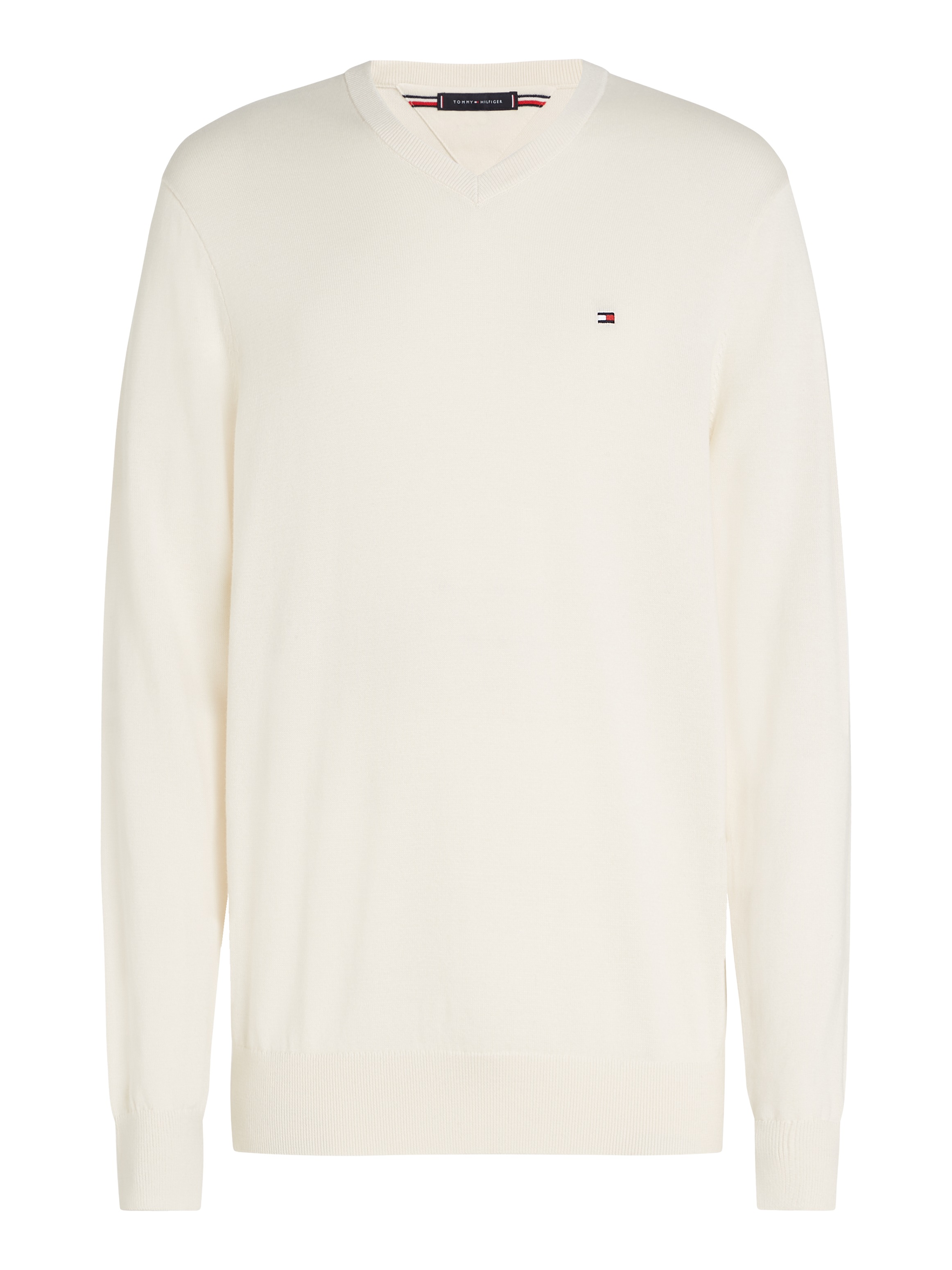 Tommy Hilfiger Strickpullover »ESSENTIAL COTTON V NECK mit V-Ausschnitt und Stickerei«, unifarben, casual, regular fit, Baumwolle, V-Ausschnitt