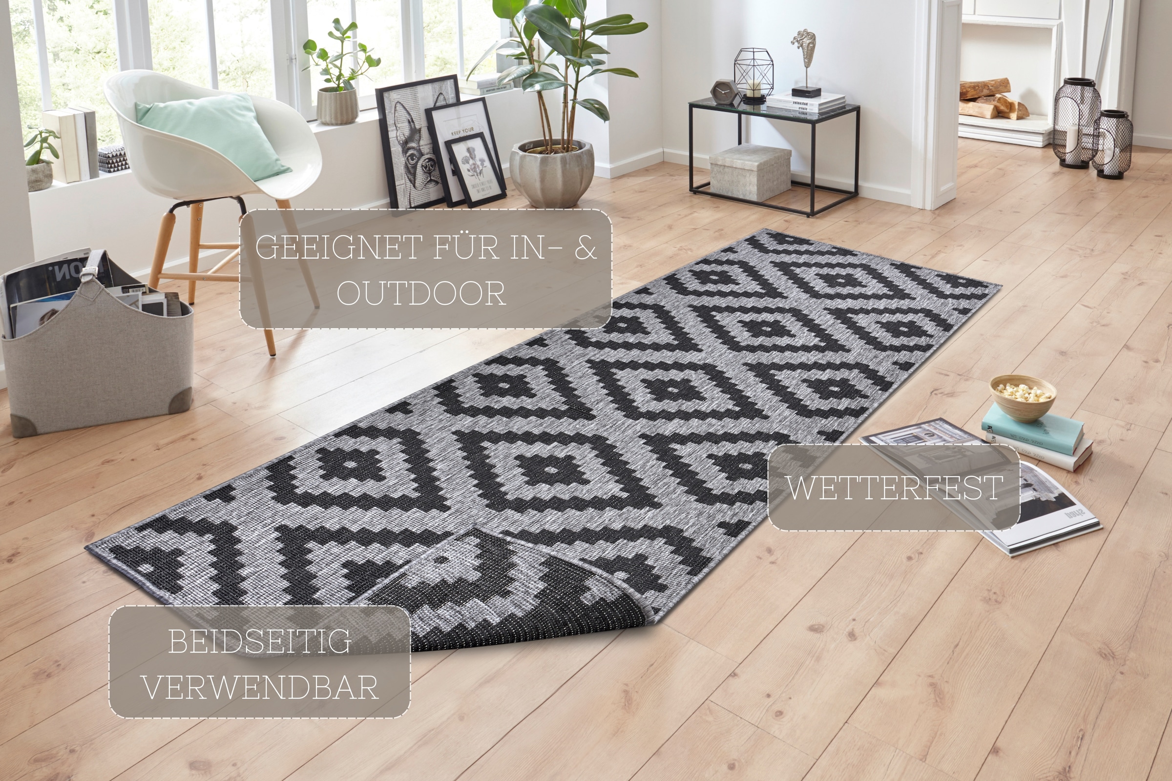 NORTHRUGS Teppich »Malta Wendeteppich«, rechteckig, 5 mm Höhe, In-& Outdoor, Wetterfest, Balkon, Terrasse, Raute, Läufer, Wohnzimmer