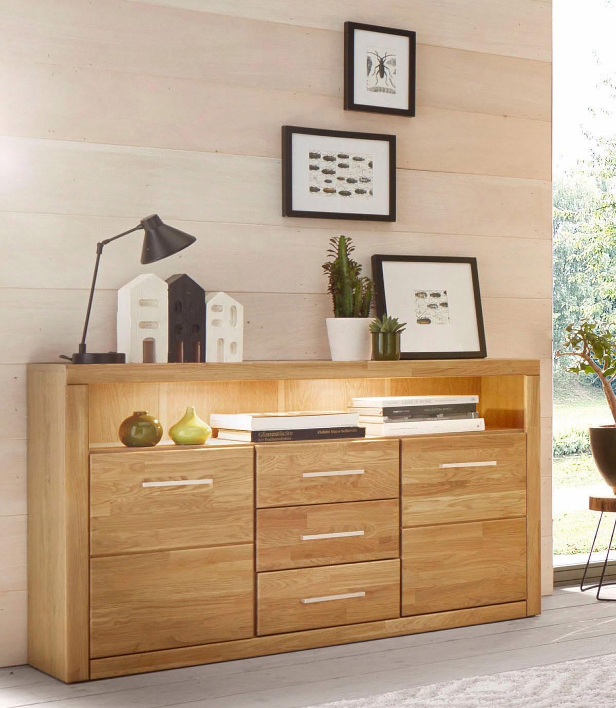 Home affaire Sideboard »Ribe,130cm breit,80cm hoch,Oberplatte Holz massiv,6 Fächer«, Holz massiv, Holzwerkstoff, Metall Griffe,2 Türen,3 Schubladen