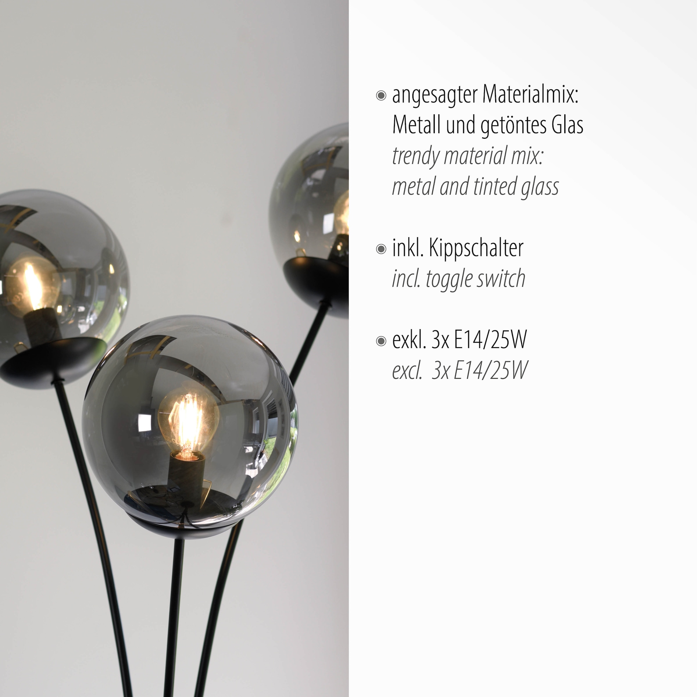 JUST LIGHT Stehlampe »BIG WIDOW«, 3 flammig, Leuchtmittel E14 | ohne Leuchtmittel, ExklusiveE14, Schalter, Kippschalter