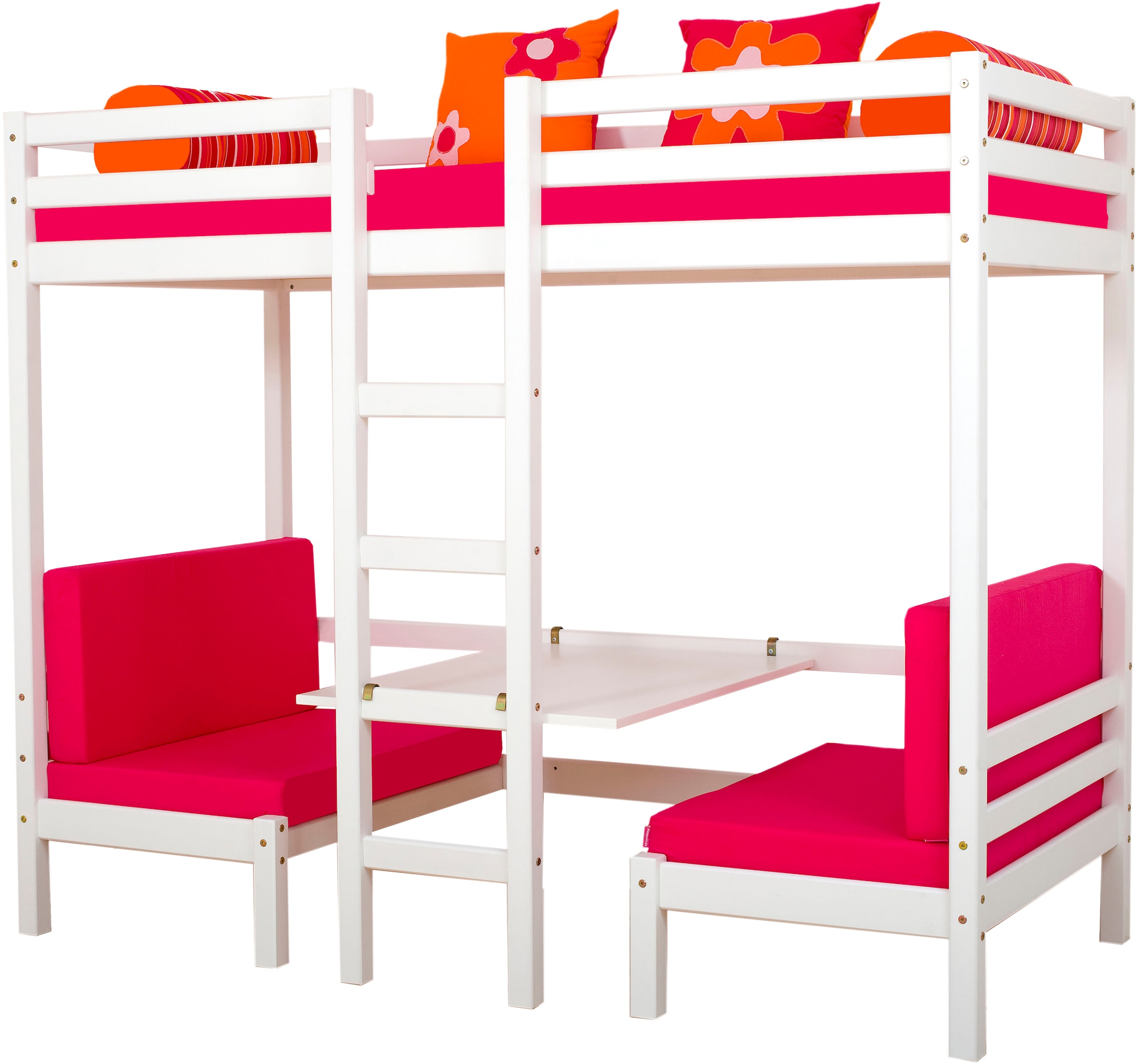 Hoppekids Hochbett »ECO Dream, Kinderbett mit Funktion - Praktisch & flexibel« Unteres Bett nutzbar als Bett oder Sitzgruppe. Matrazenbezug: PINK