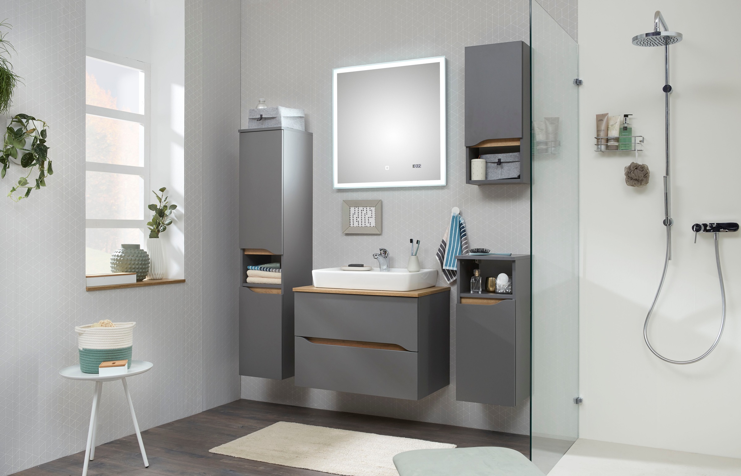 Saphir Badmöbel-Set »Quickset 5-teilig, Keramik-Aufsatzbecken mit LED-Spiegel« 7 Stk. tlg.