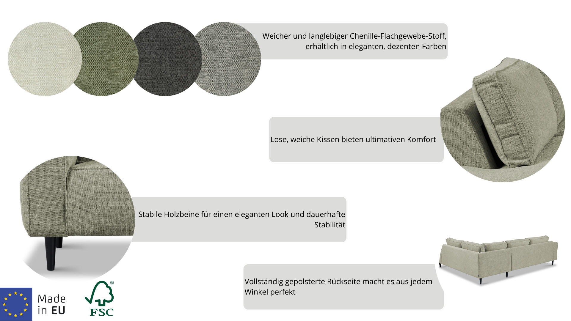 Places of Style Ecksofa »Fumone, Lederoptik oder Soft-Touch Chenille«, Breite 260, mit schwarzen Massivholzfüßen