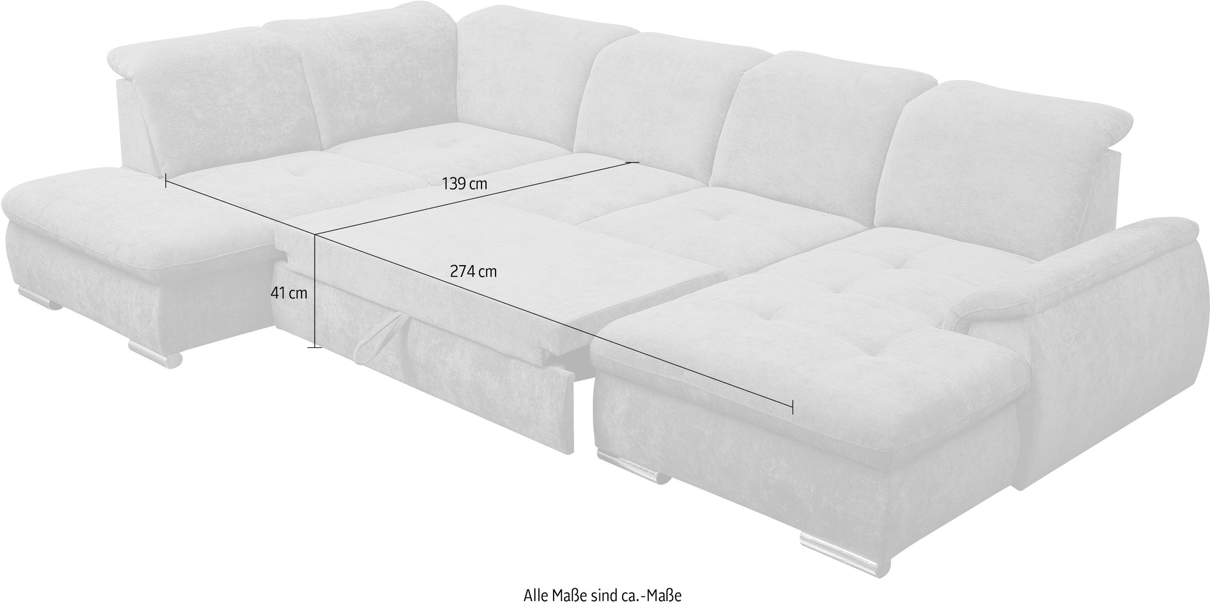 WERK2 Wohnlandschaft »Pula 356cm breit, Bett & Bettkasten, Kopfteil- & Sitztiefenverstellung« U-Form, XXL, Schlaffunktion, Bettkasten, verstellbare Kopfteile