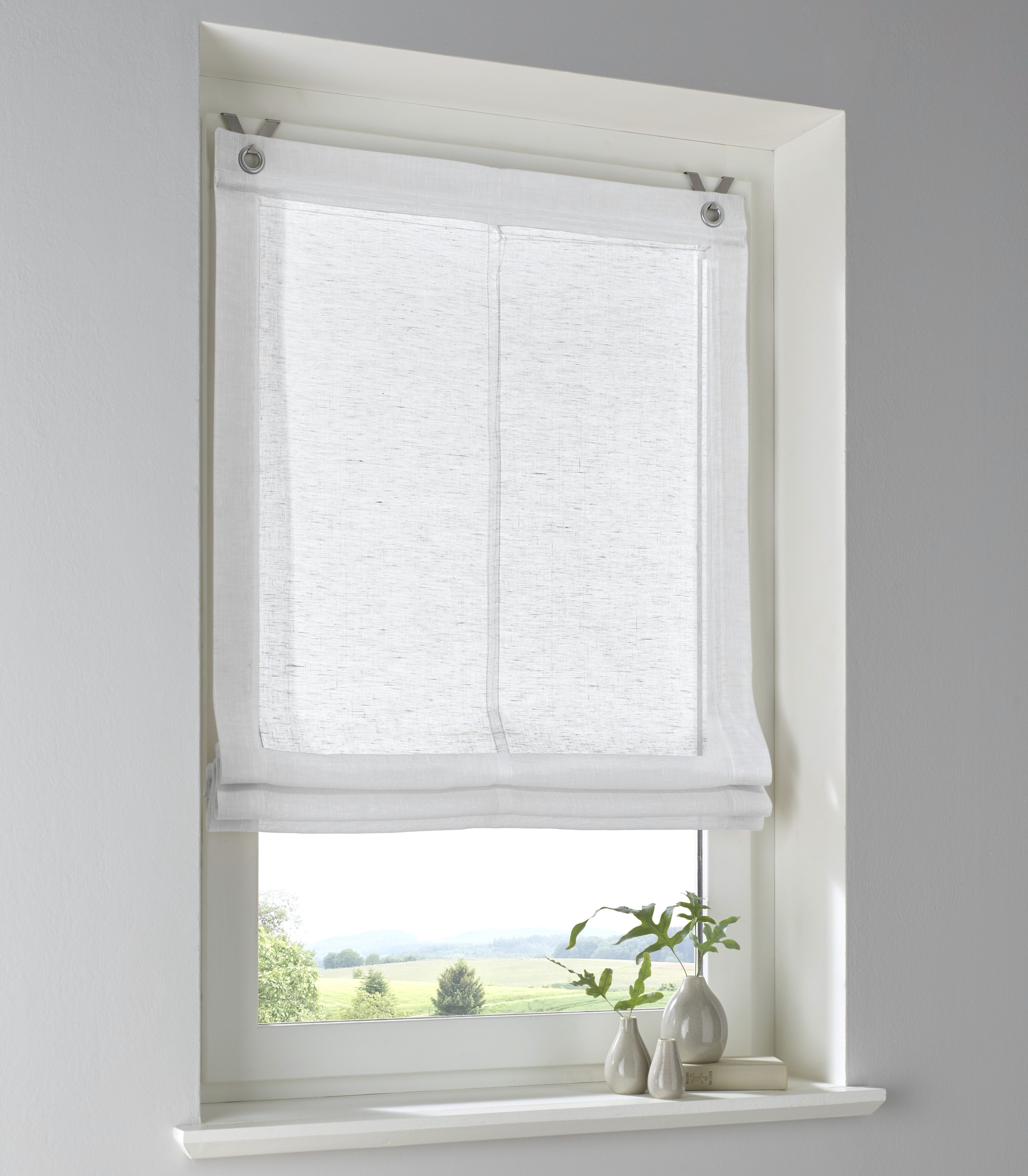 Kutti Raffrollo »Brondby« mit Hakenaufhängung ohne Bohren freihängend Leinenoptik lichtfilternd Edelstahlhaken in weiß