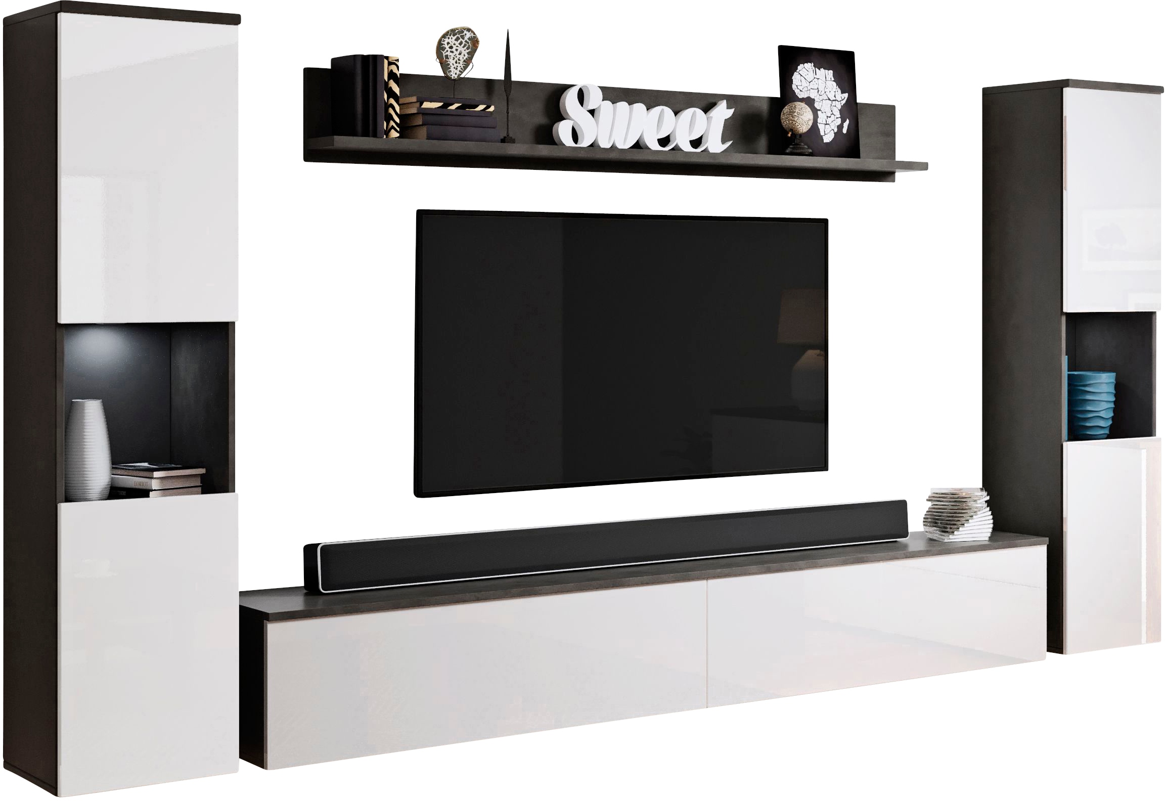 INOSIGN Wohnwand »PARIS«, (Komplett-Set, 4 St.), TV-Wand 260cm breite, grifflose Design, stehend und hängend montierbar