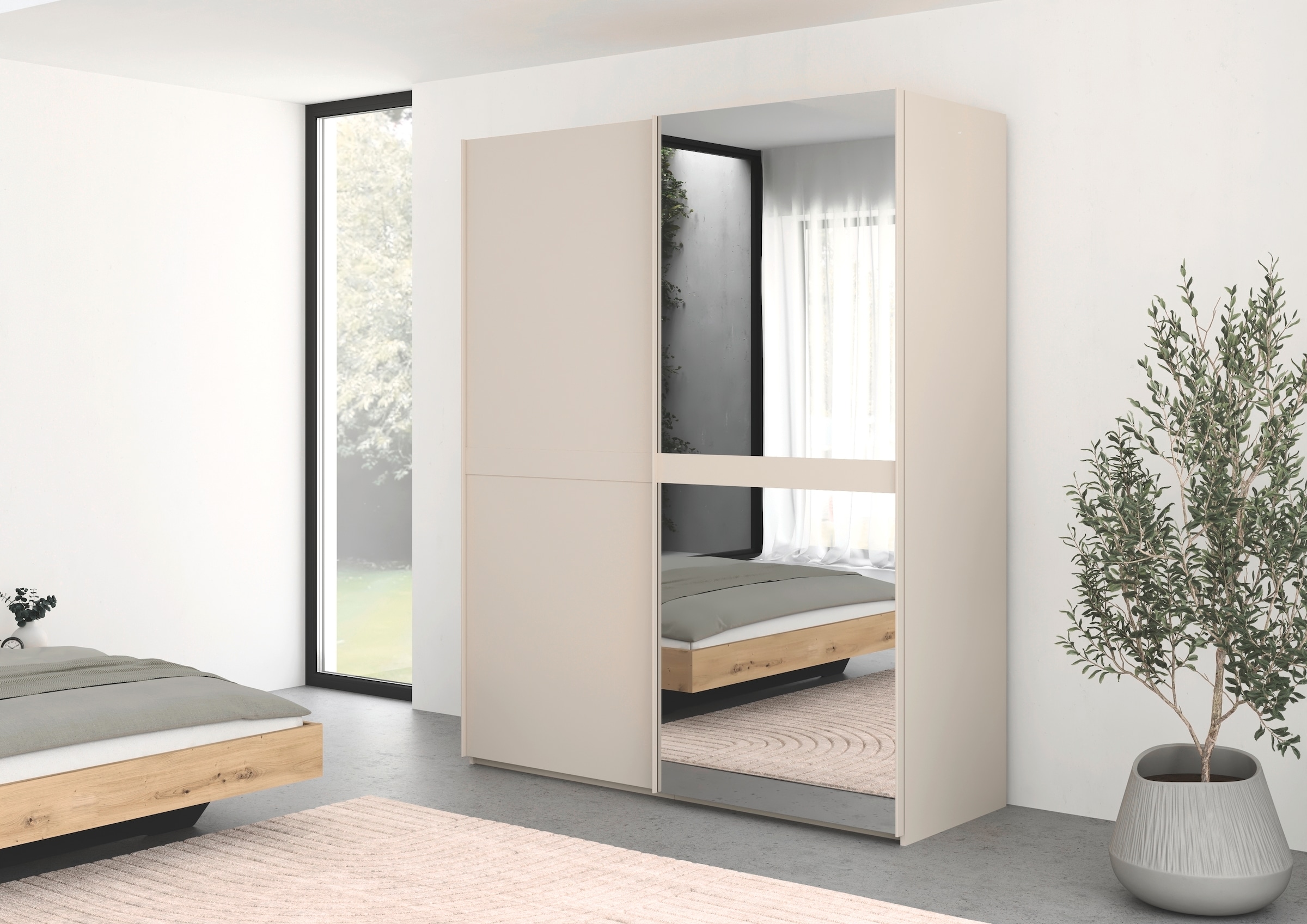 rauch Schwebetürenschrank »Kleiderschrank Schrank Garderobe Schlafzimmerschrank SCALE-LINE« edle Optik mit Bauchbinde in Korpusfarbe mit Spiegel MADE IN GERMANY