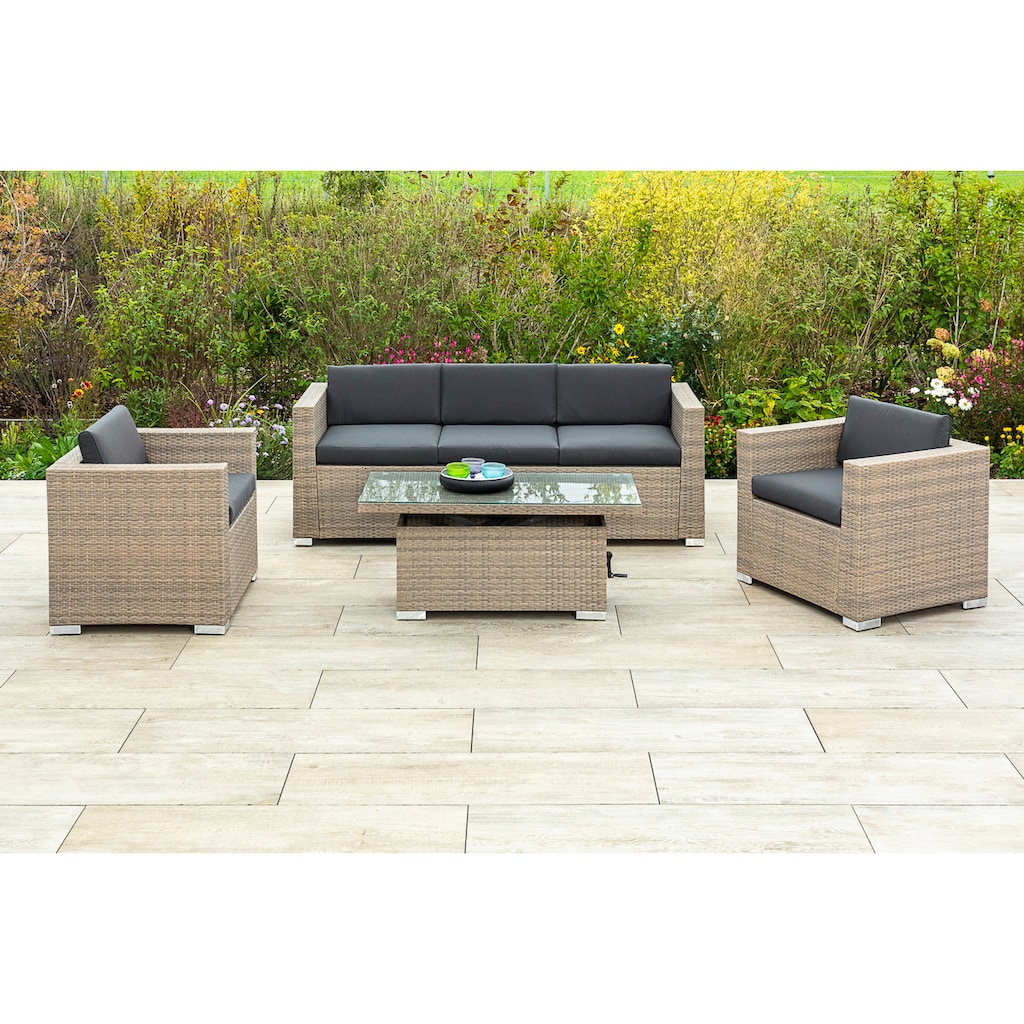 MERXX Gartenlounge-Set »Bellante«, (4 tlg.), 2 Sessel, Sitzbank, ausziehbarer Tisch, mit Auflagen