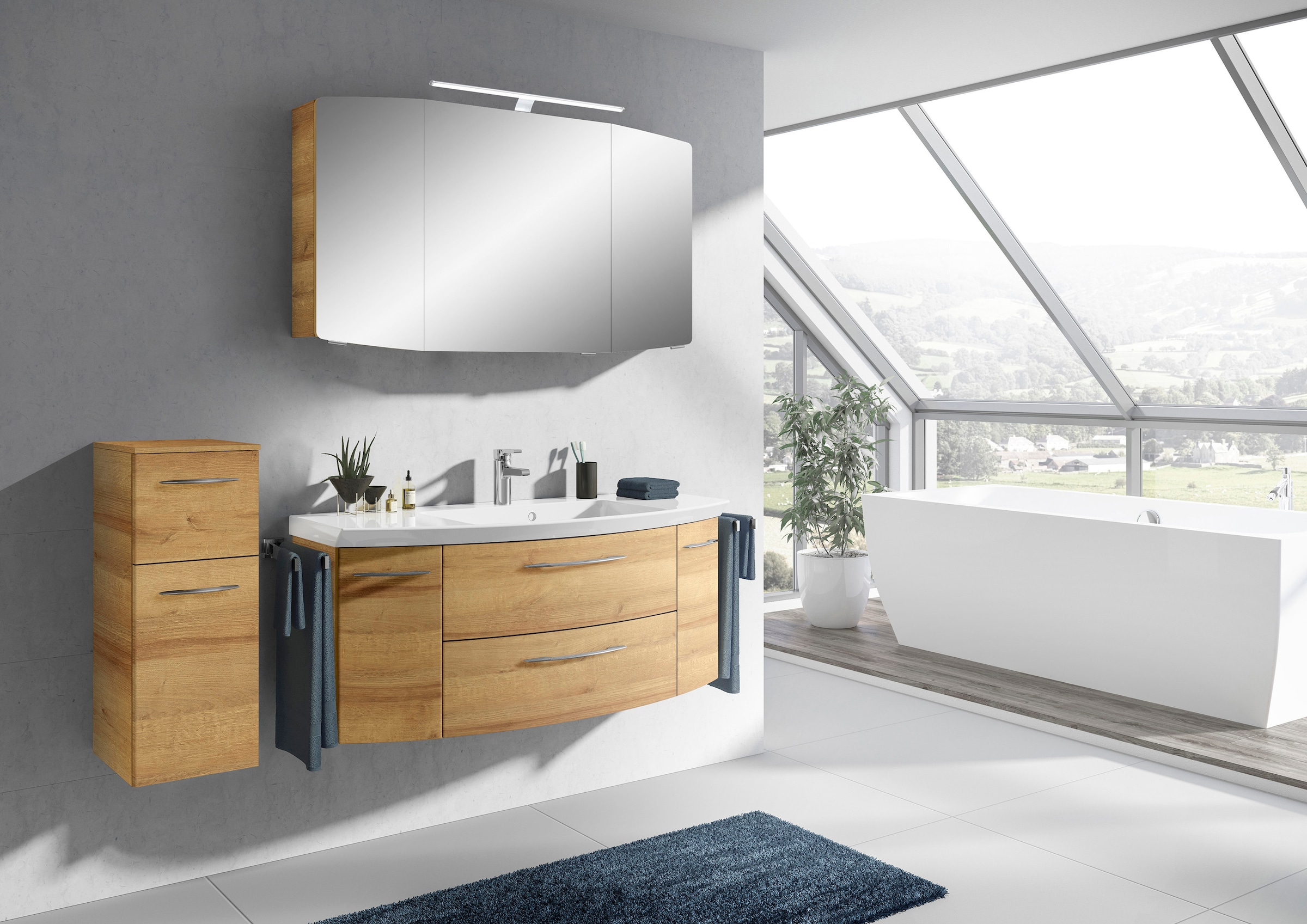 Saphir Badmöbel-Set »Cassca Sprint 3-teilig Mineralmarmor-Waschtisch mit LED-Spiegelschrank« 4 Stk. tlg.