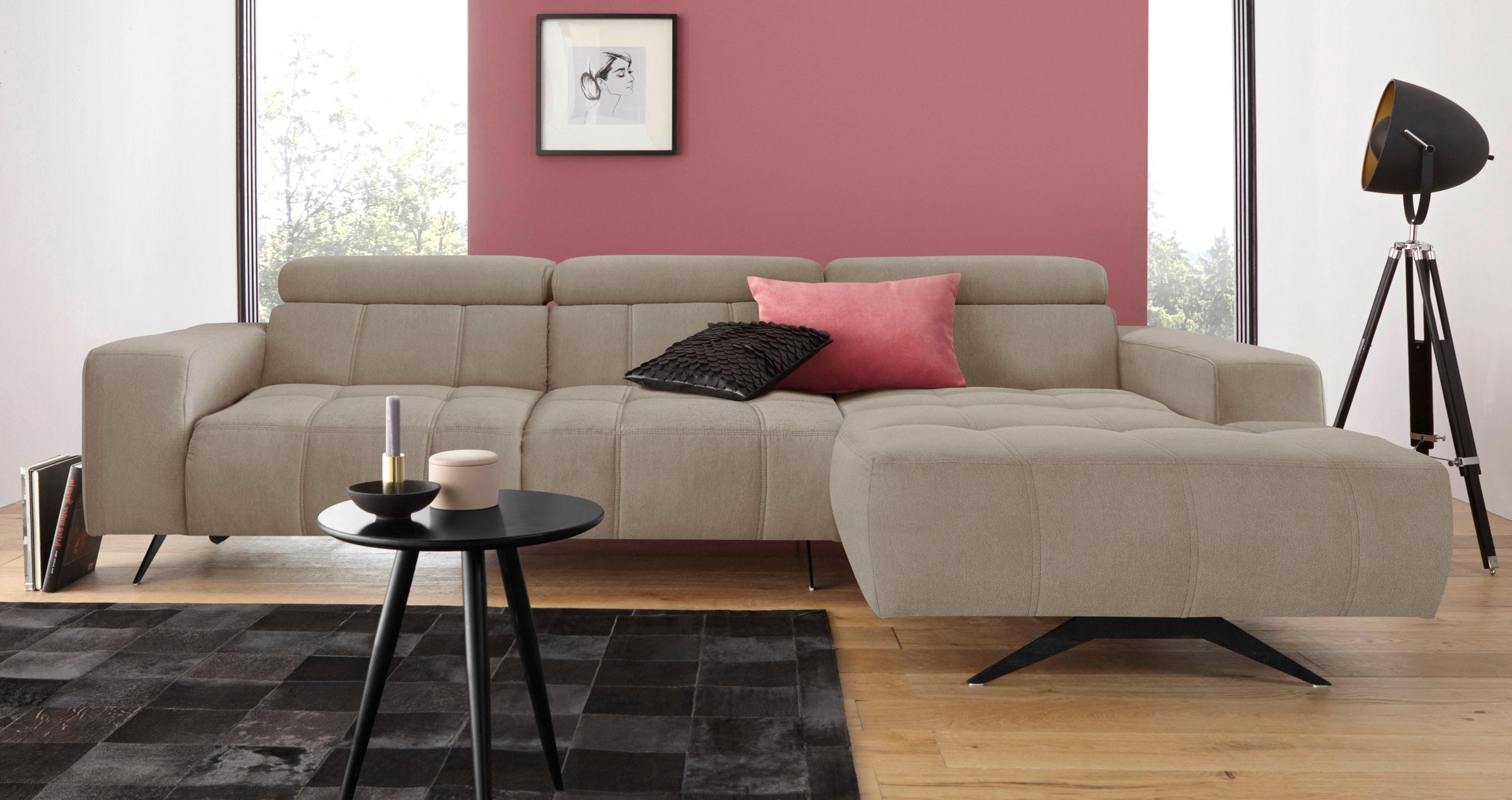 DOMO collection Ecksofa »Trento L-Form, mit Kufenfuß oder Einzelfuß«, wahlweise mit Kopfteilverstellung, Recamiere links/rechts bestellbar