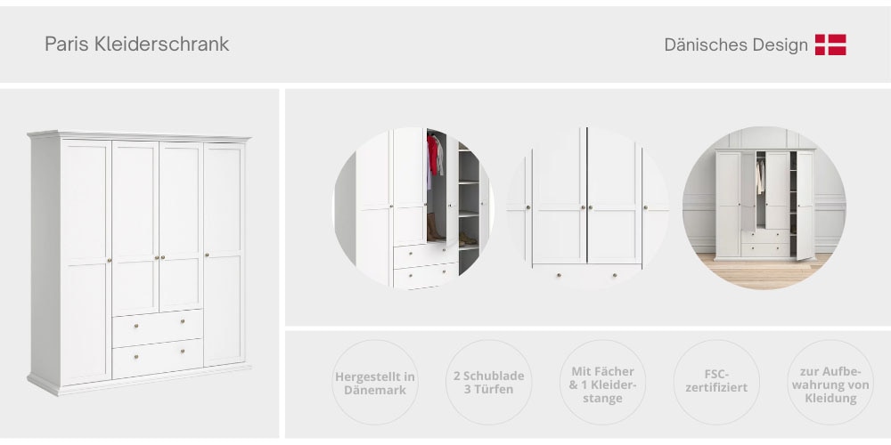 Home affaire Kleiderschrank »Paris, Aufbewahrung Kasten Schrank Stauraum, mit Griffen, Landhausstil«, mit 4 Türen, 11 Facher, Kleiderstange, 2 Schubladen, Breite 181 cm