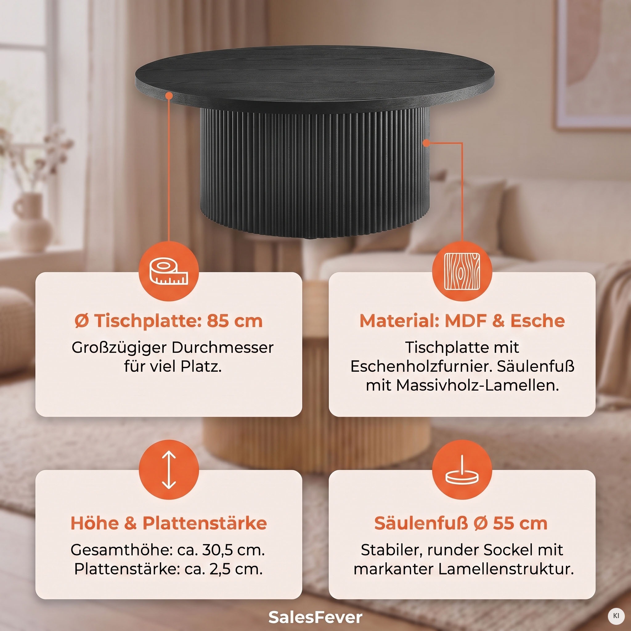 SalesFever Couchtisch »mit Massivholz-Lamellen, Ø 85  cm« 1 Stk. tlg. Moderner Wohnzimmertisch aus Holz in natürlichem Look