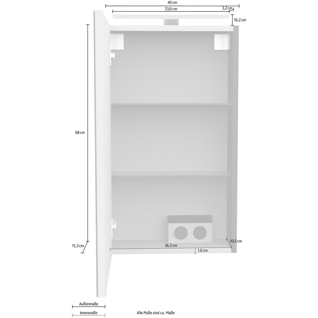 FACKELMANN Spiegelschrank »SBC«, (Spiegelschrank mit LED-Aufsatzleuchte), für das Gästebad, Schalter und Steckdose, Breite 40cm, Anschlag links