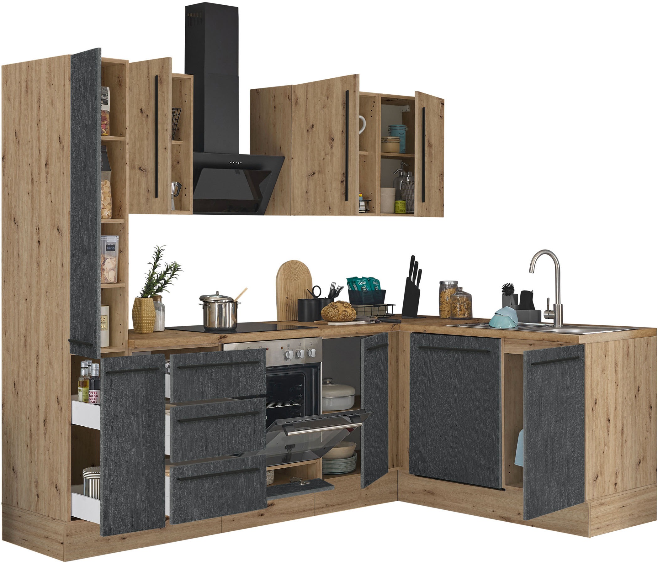 KOCHSTATION Winkelküche »Florida, Stellbreite 250x165 cm«, wahlweise mit E-Geräten, mit Softclose für Türen und Schubkästen