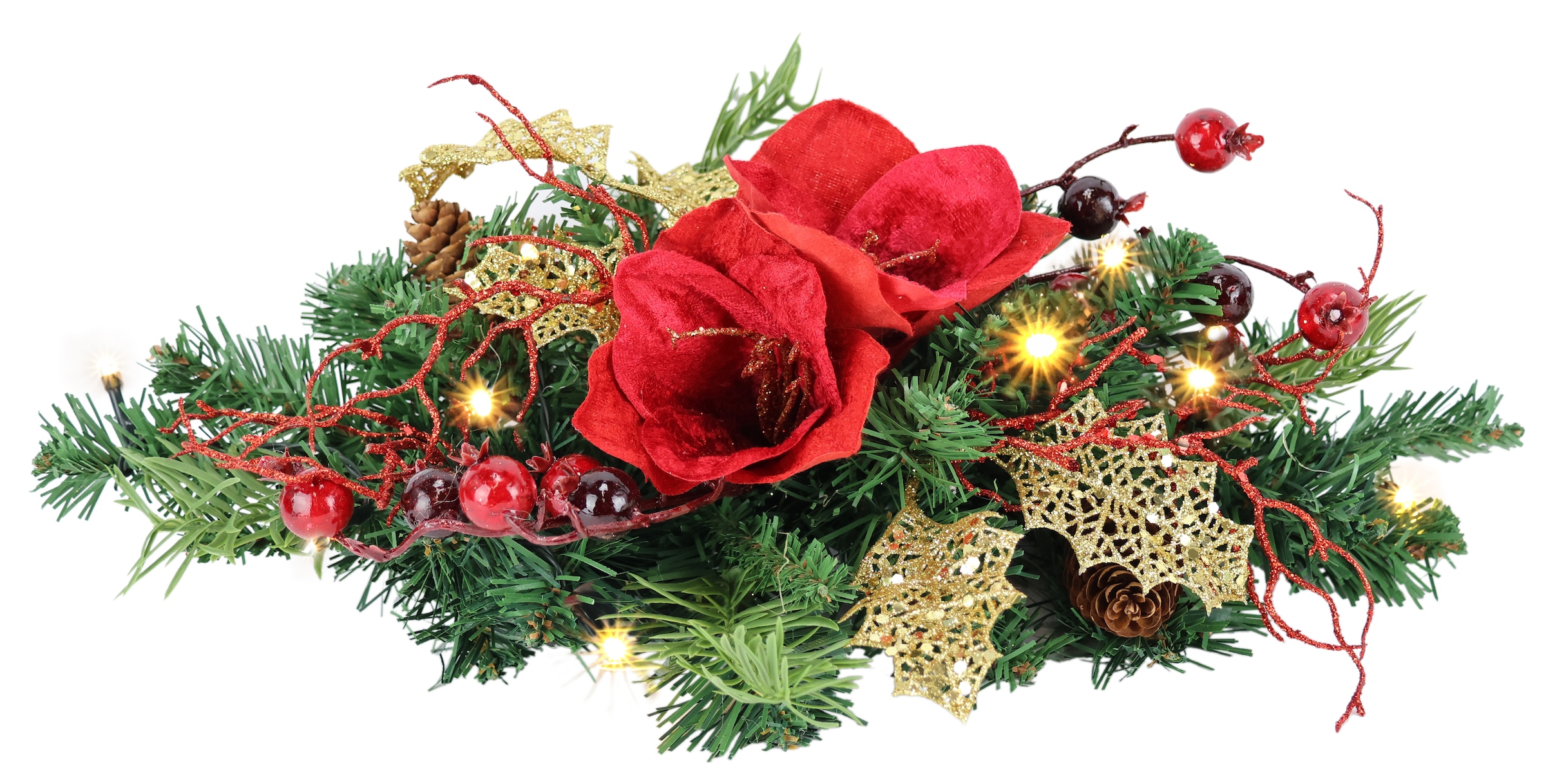 I.GE.A. Kunstpflanze »Tannenleger« Amaryllis Zapfen Beeren künstlich warmweiß Weihnachtsdeko Tisch Advent