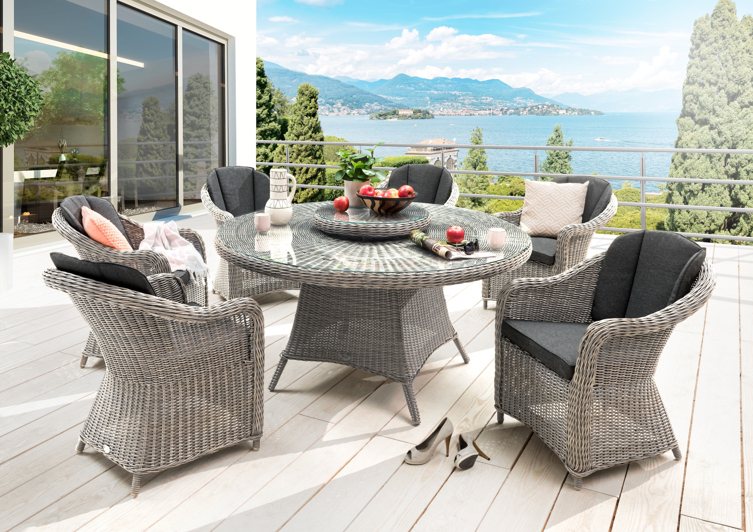 Destiny Garten-Essgruppe »MALAGA LUNA«, (Set, 7 tlg., 1 Tisch, 6 Sessel, 1x Drehteller), (Set,19-tlg., 6xSessel, 1 Tisch Ø 150x75 cm), Aluminium, Polyrattan
