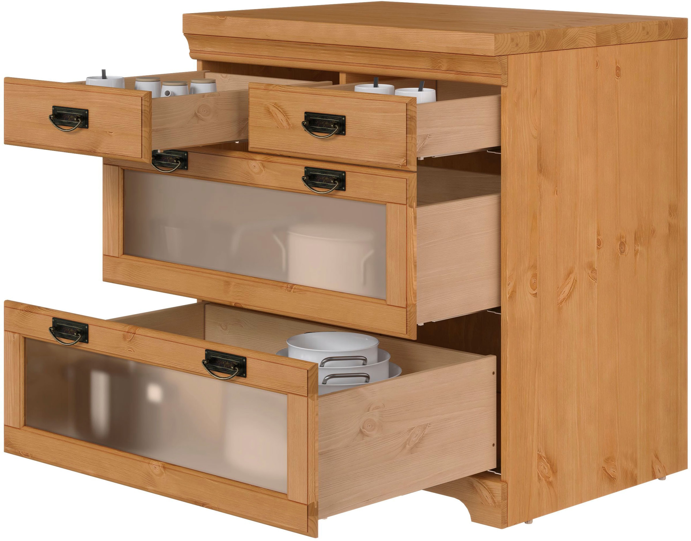 Home affaire Unterschrank »Rügen«, Breite 80 cm, Kiefer massiv, Schubkästen mit Glaseinsatz