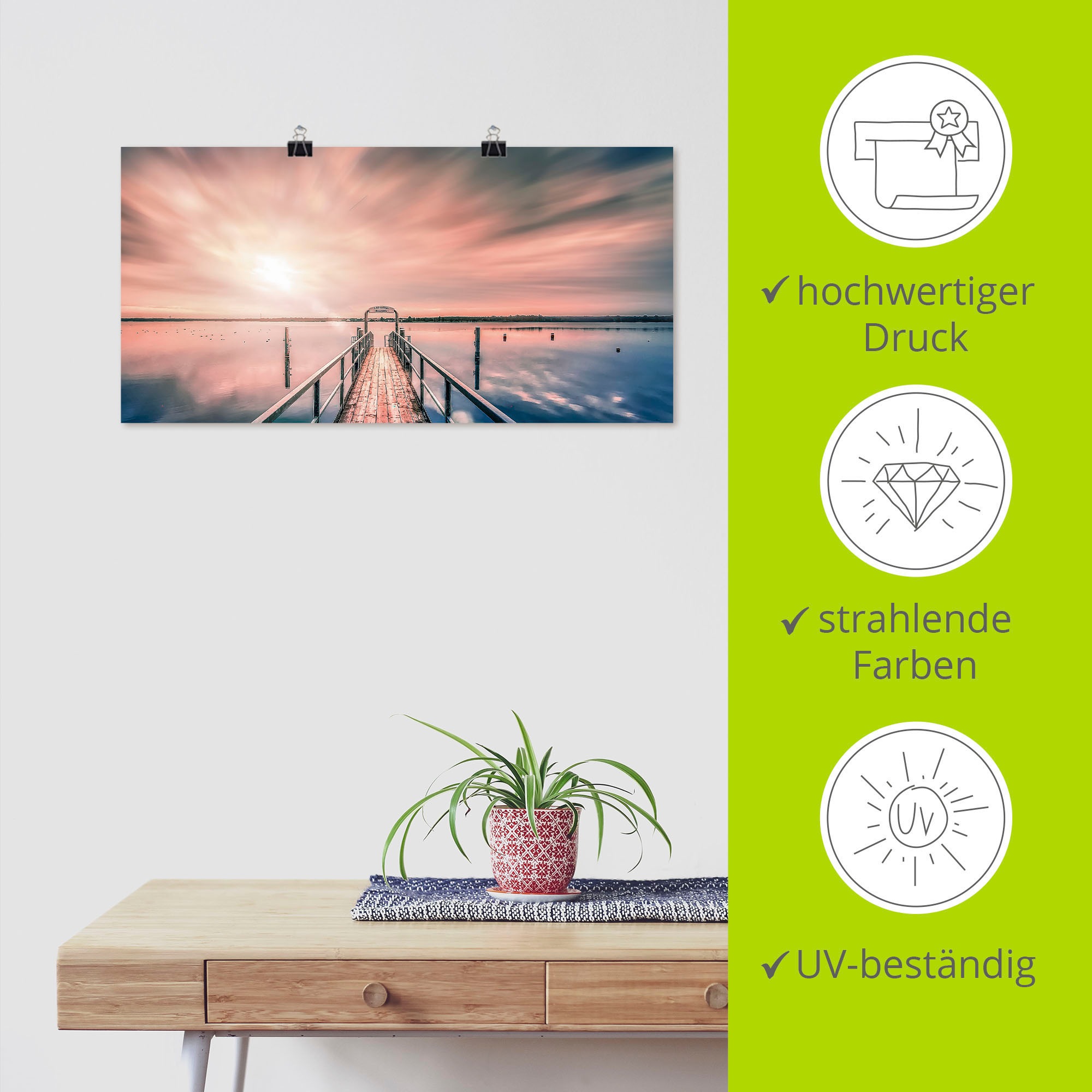 Artland Wandbild »Steg im Sonnenlicht mit Wolken«, Bilder vom Sonnenuntergang & -aufgang, (1 St.), in vielen Größen & Produktarten , Alubild, Leinwandbild, Poster, Wandaufkleber