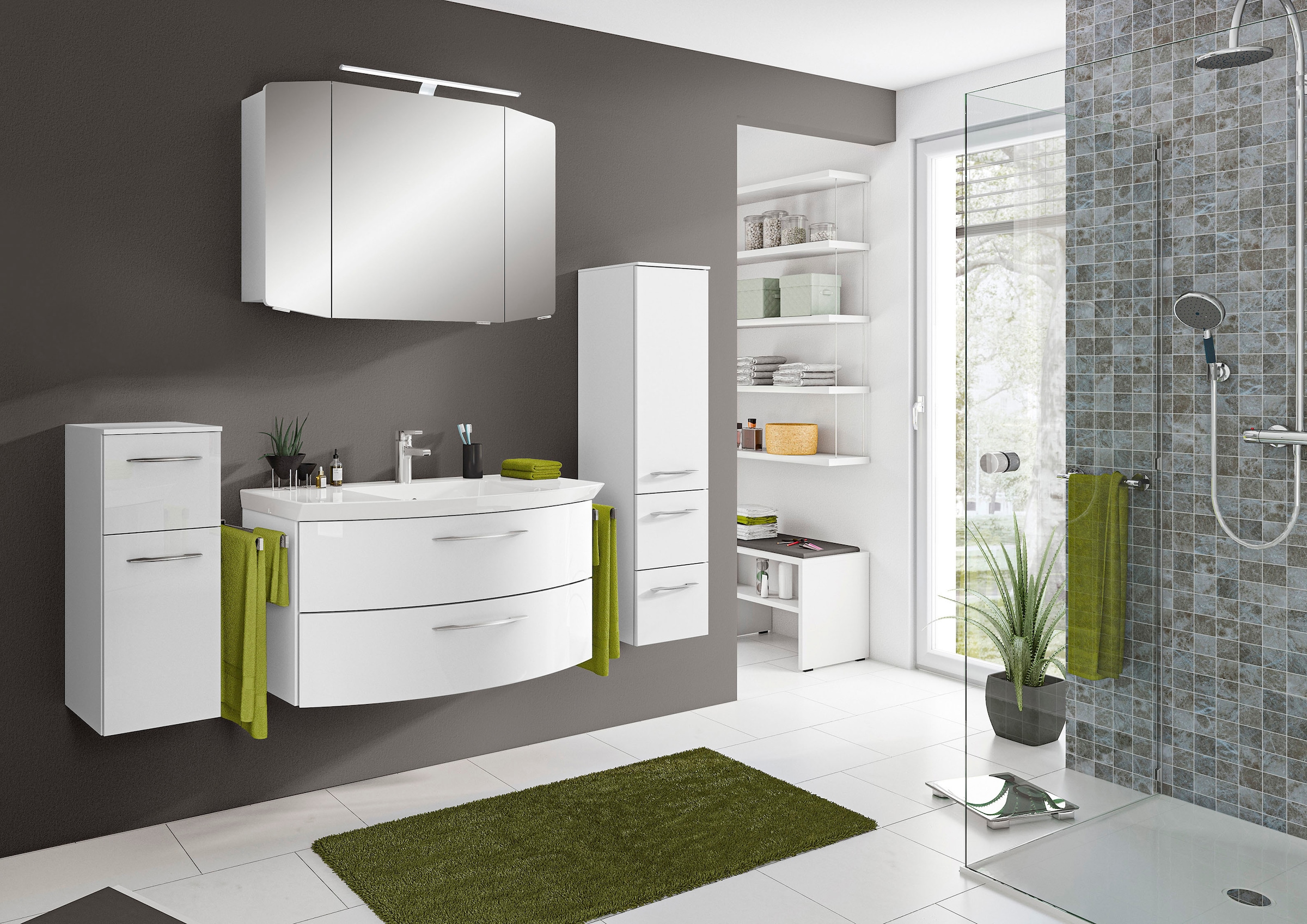 Saphir Badezimmer-Set »Cassca Sprint 4-teilig Mineralmarmor-Waschtisch mit LED-Spiegelschrank« 5 Stk. tlg. in weiß, Größe B/H/T: 161 cm cm x 200 cm...