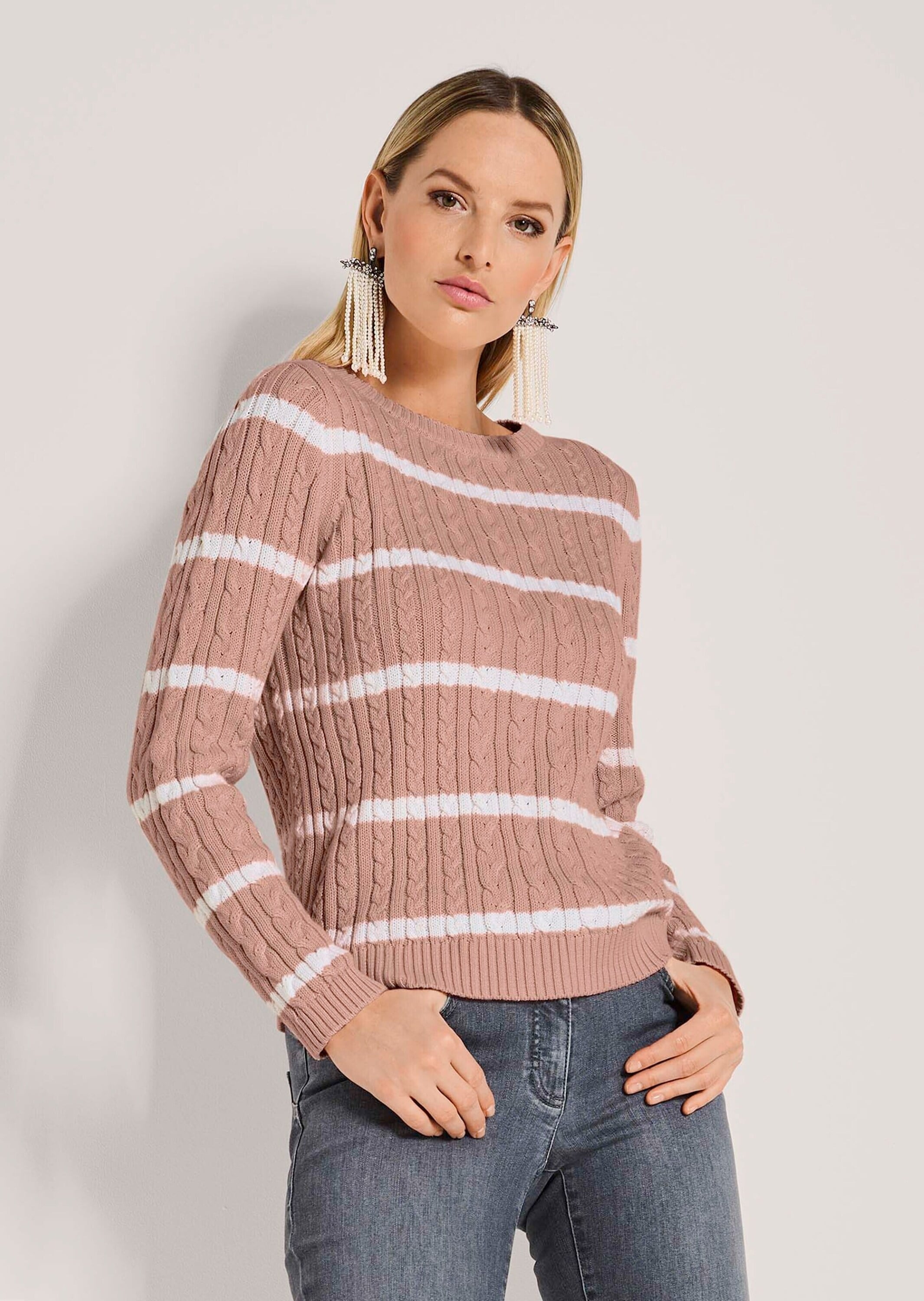 MADELEINE Longpullover »Strickpullover Moderner Baumwollpullover mit Zopfmuster und Ringel-Design« Kontraststreifen