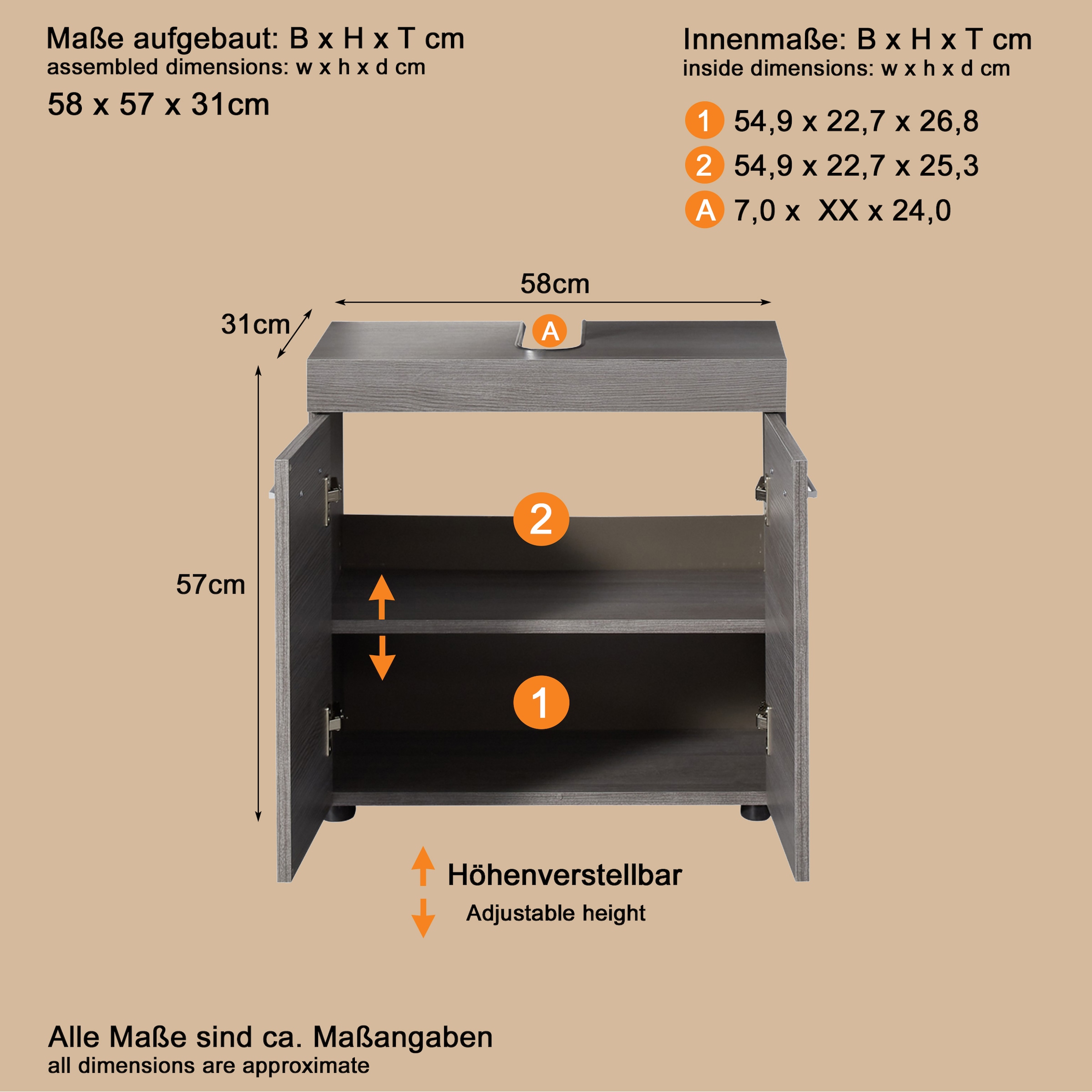 welltime Waschbeckenunterschrank »Royan«, Waschbeckenunterschrank mit 2 Türen - (B/T/H) 58/31/57 cm